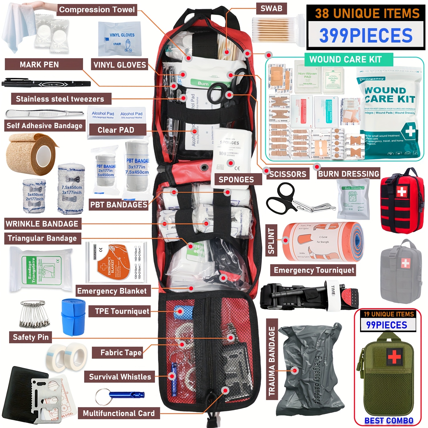 399  99pcs professional portable first aid kit survival gear for hiking camping   boat travel emergency   prep gifts for men boyfriend valentine   scissors tweezers splints