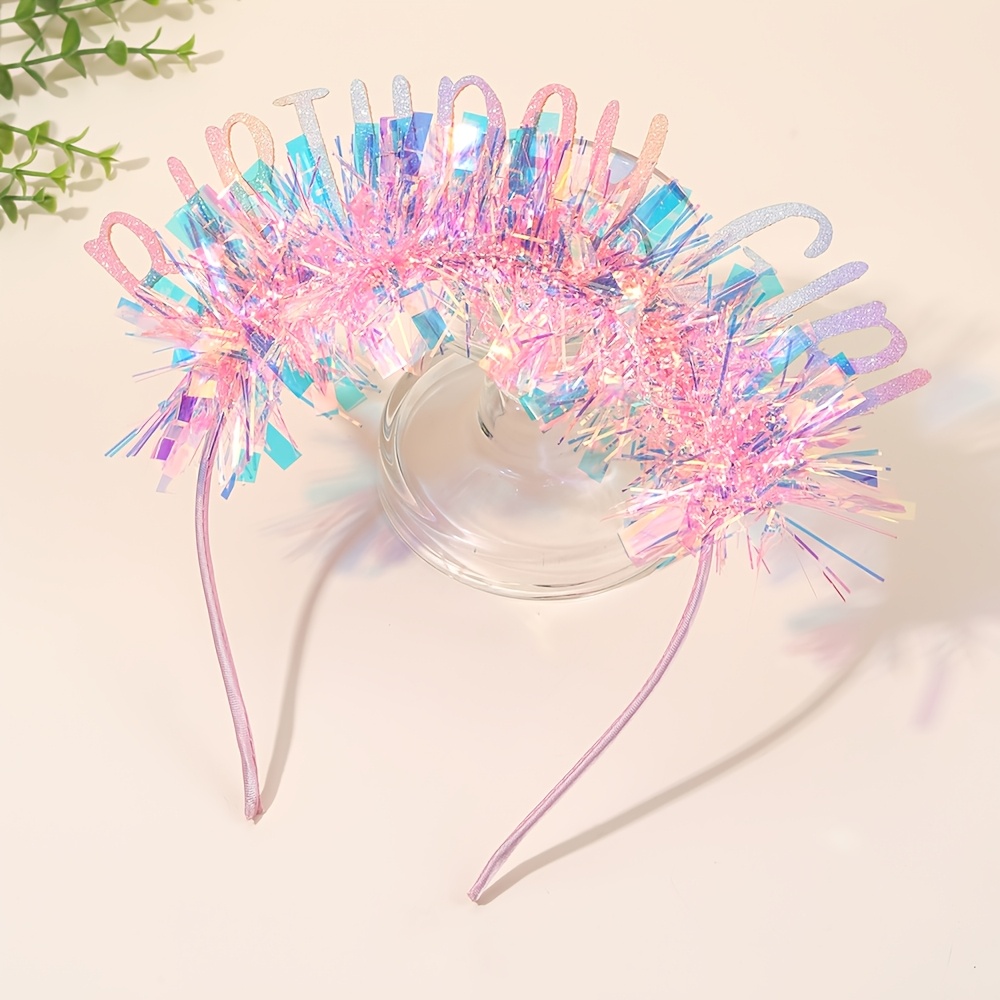 Image of 1 Pack Iridescent Birthday Headband For Adults, Glitter Tinsel Party Hairband With Holographic Tinsel, Aesthetic Festive Hair Accessory For Birthday, Photoshoot, Party Gift For Women