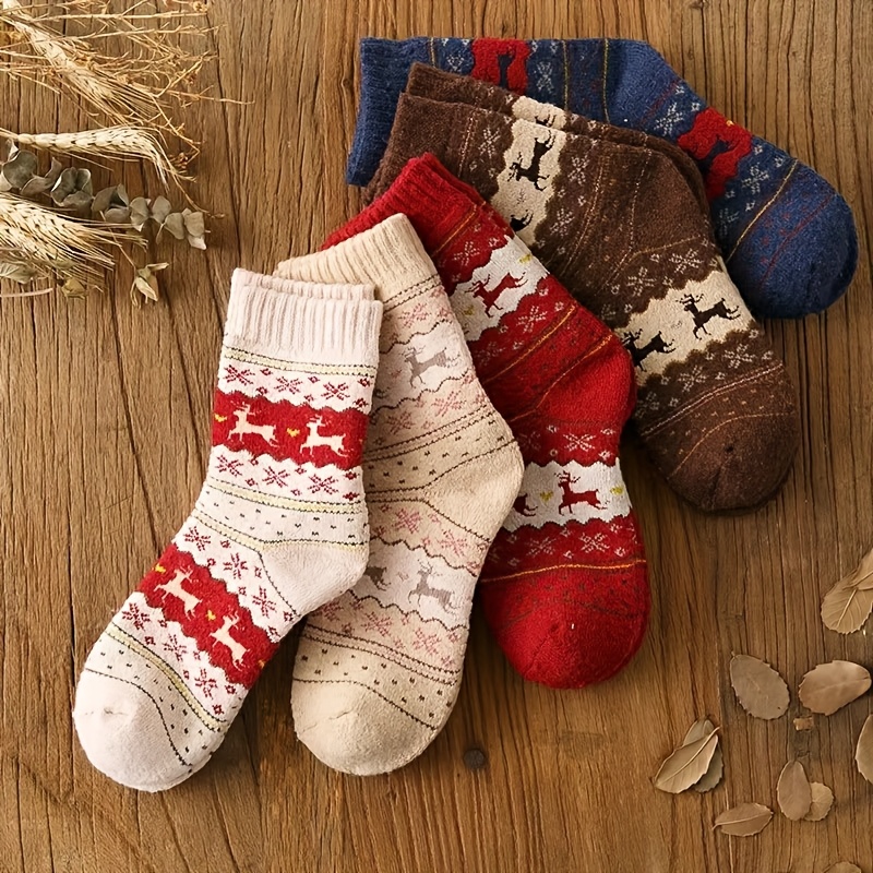 5-pair Unisex Thickened Cold-proof And Warm Mid-calf Socks, Versatile With A High-value Christmas Reindeer Series For Autumn/winter