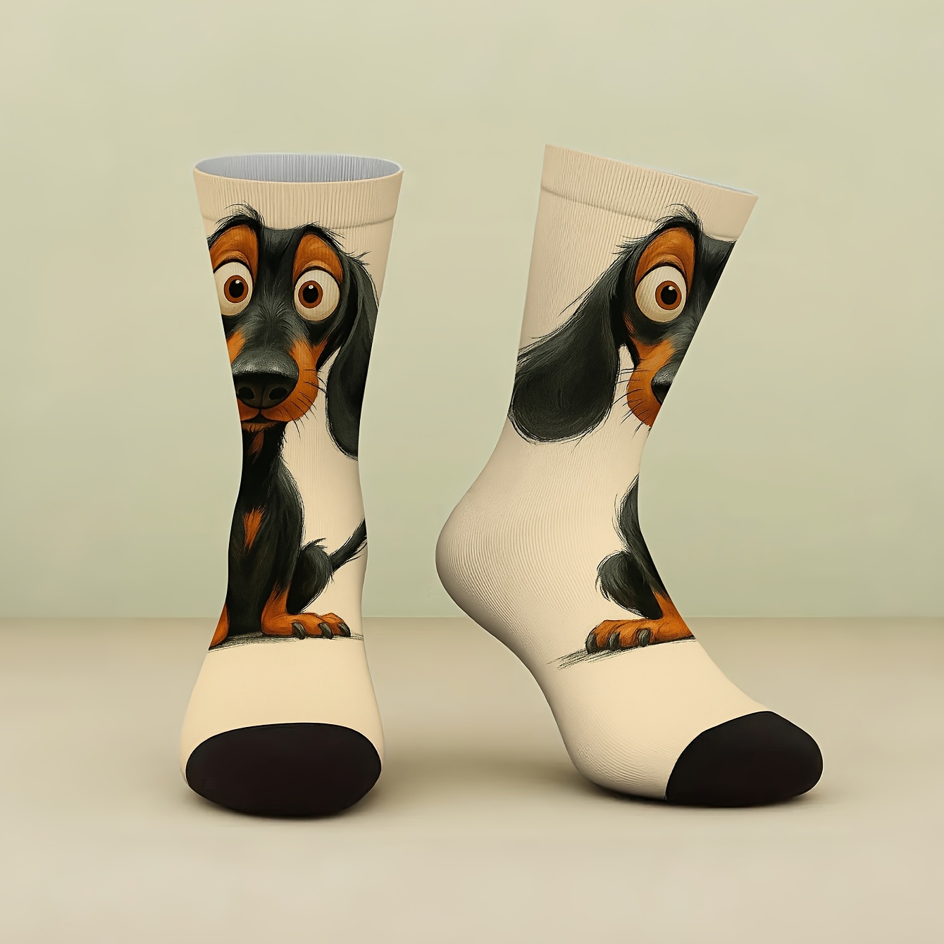 TEMU 1 Pair Of Unisex Socks Featuring A Cartoon Puppy In Black And Brown, A Fun And Quirky Novelty Sock Gift. Stylish Mid-calf Socks Are Soft And