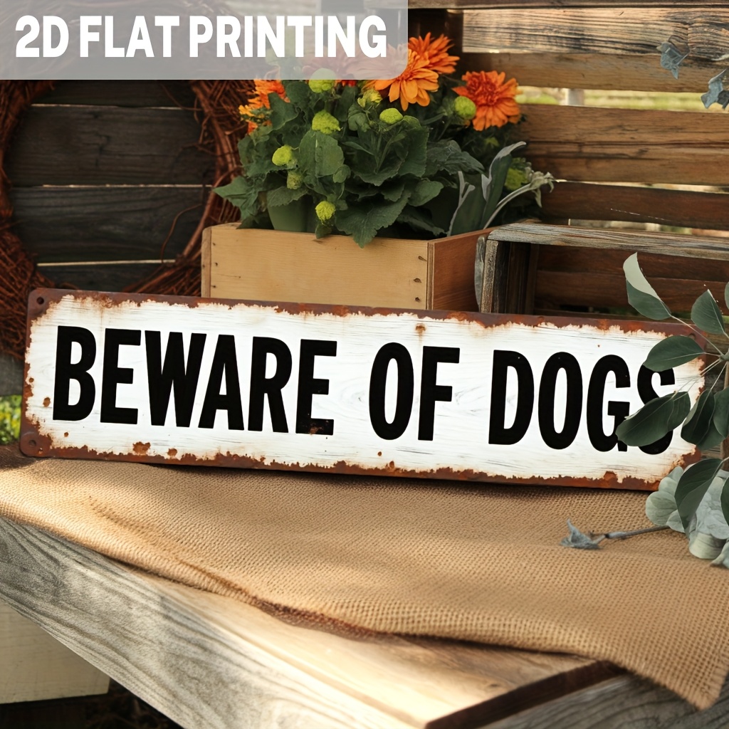 TEMU 2d Flat, 1pc Rustic Beware Of Dogs Metal Sign - Wall Decor, 3.93x15.74 Inch Weathered Metal Warning Sign For Kitchen, Patio, Garage, No