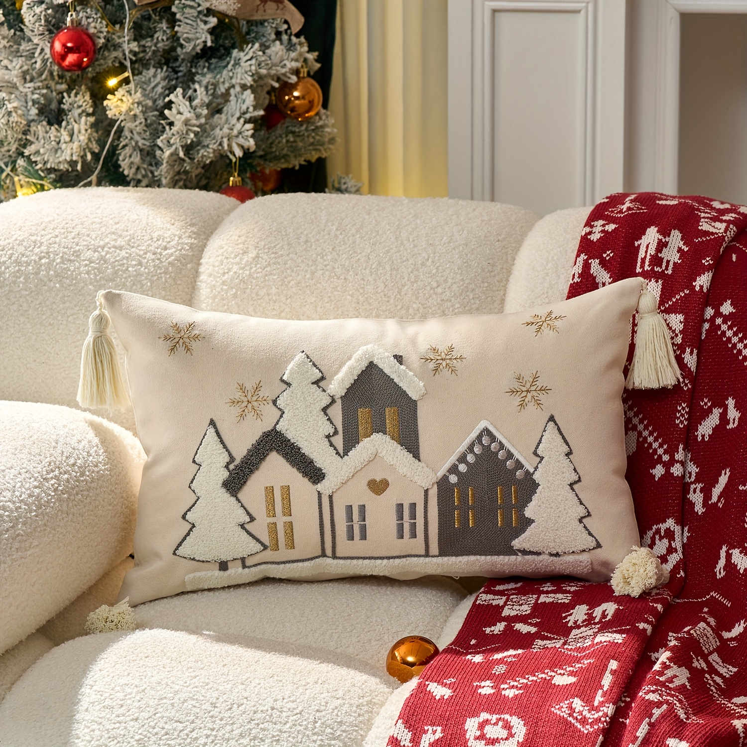 1pc Merry Christmas Throw Pillow Cover, Xmas Tree Decorative Snowflake Throw Pillow Case Sofa Cushion Cover Indoor Decor For New Year Party