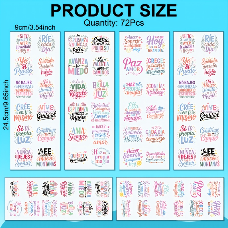 TEMU Tema de frases inspiradoras en español, 72 piezas de texto colorido, papel decorativo de transferencia UV DTF para llaveros de motel DIY,