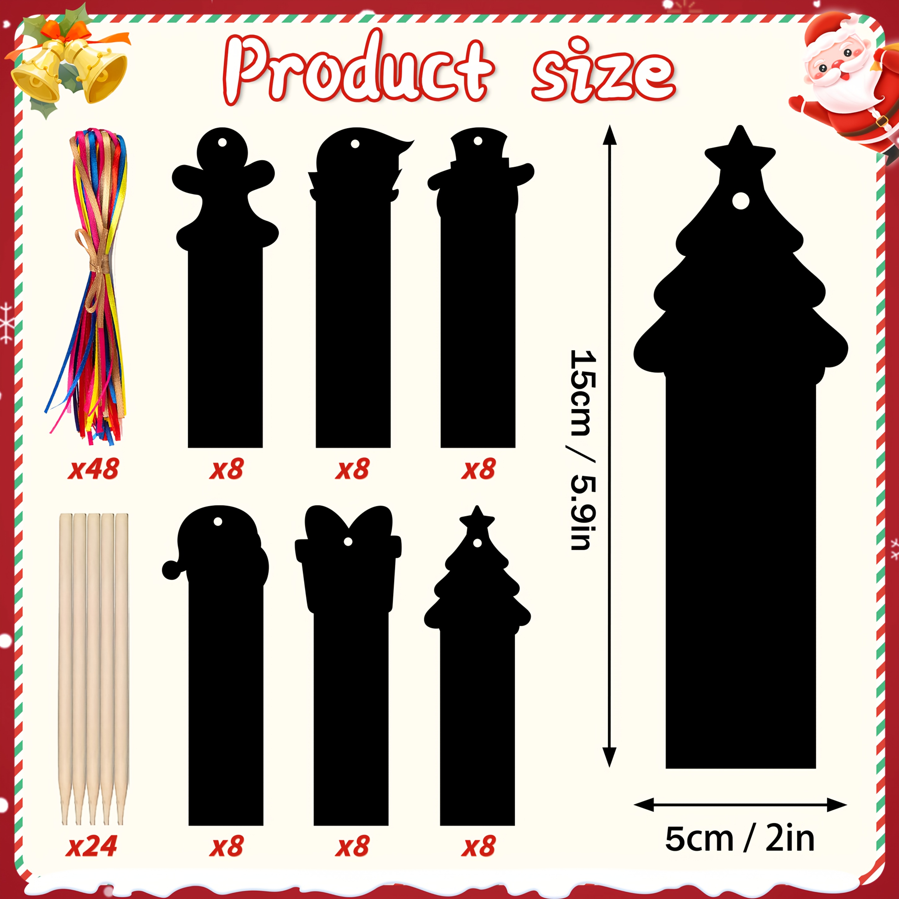 Image of 48/24pcs Of Christmas Scratch Art Paper Featuring Adorable Designs Like Trees, Santa, And Snowmen, Perfect For Crafts And Colorful Hanging Ornaments Or Party Favors For The
