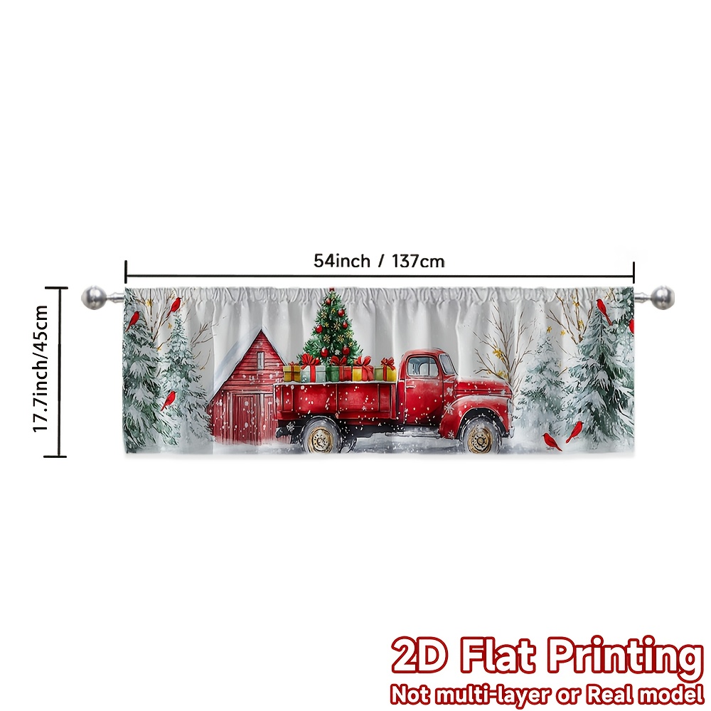 TEMU 2D Plat - 1pc, Rideau Court Thème Noël Moderne Imprimé 2D Plat, Camion Rouge Arbre de Noël Cardinal, 100% Polyester ( Tringle), Parfait pour