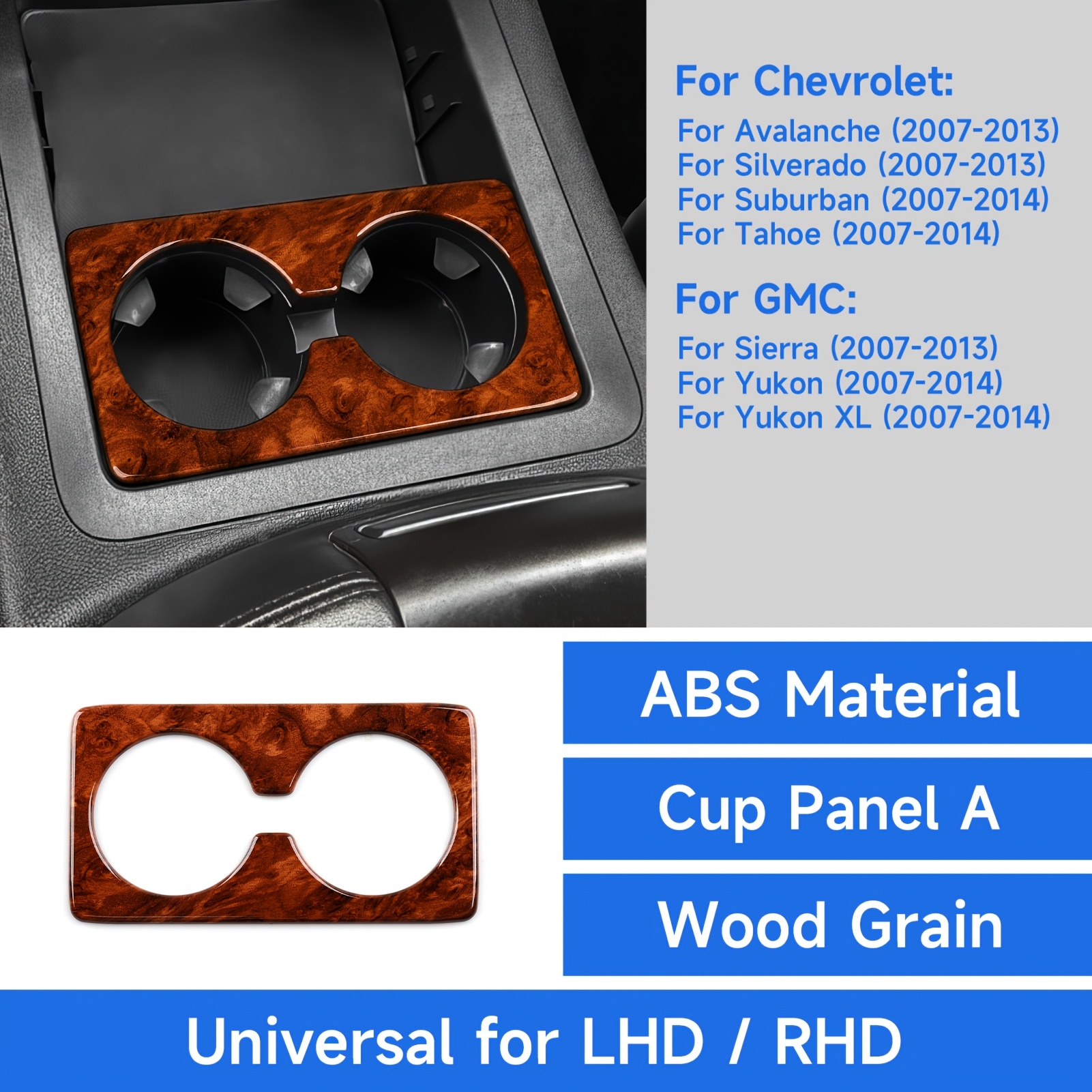 Car Center Console Water Cup Holder Panel Sticker. Abs Wood Grain Interior Set Kit. For Avalanche Silverado For Sierra Xl (2007-2014) Trim Additions
