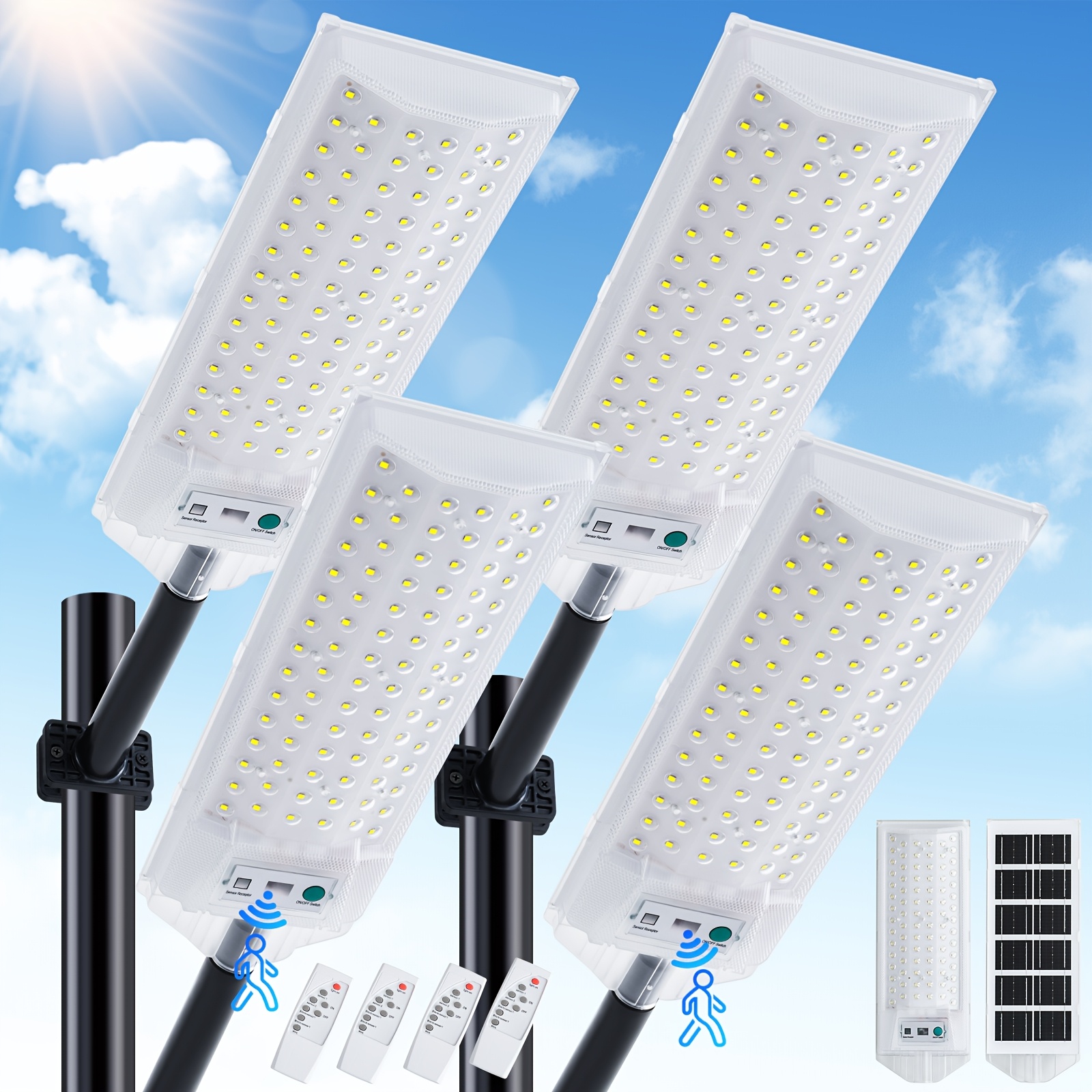 TEMU Lumière solaire de rue extérieure 6500K avec détecteur de mouvement, projecteur LED solaire à solaire avec télécommande, éclairage de zone du à