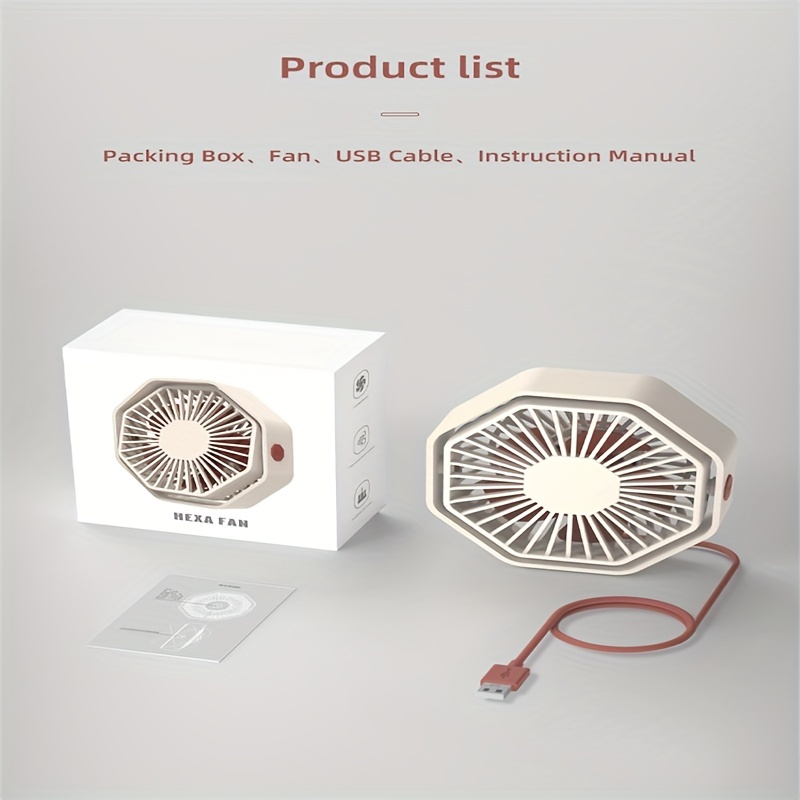 a new 2024 usb hexagonal fan that     at multiple   offers strong airflow   manually rotated up and down has three speed settings is a portable desktop fan with powerful silent 360 degree rotation and features a cute   details 4