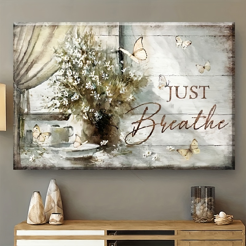 

1pc Just Breathe Framed Canvas Painting - Wall Art Print For Living Room & Bedroom - Home Decor & Festival Gift - Ready To Hang