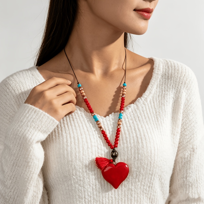 TEMU 1pc Collier Long Bohème Style Coloré avec Perles, Pendentif Cœur Rouge Fait Main, Chaîne pour Pull