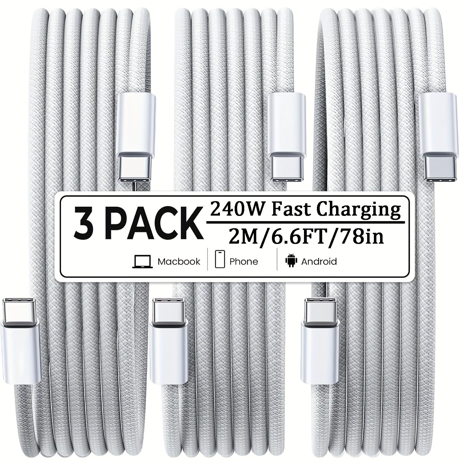 240W USB-C to USB-C Fast Charging Cable 3-Pack – Type-C PD Charging Cable for iPhone 16/15, iPad, MacBook, Samsung & Laptop, High-Speed Data Transfer Cable — Zaynora Luxury Marketplace