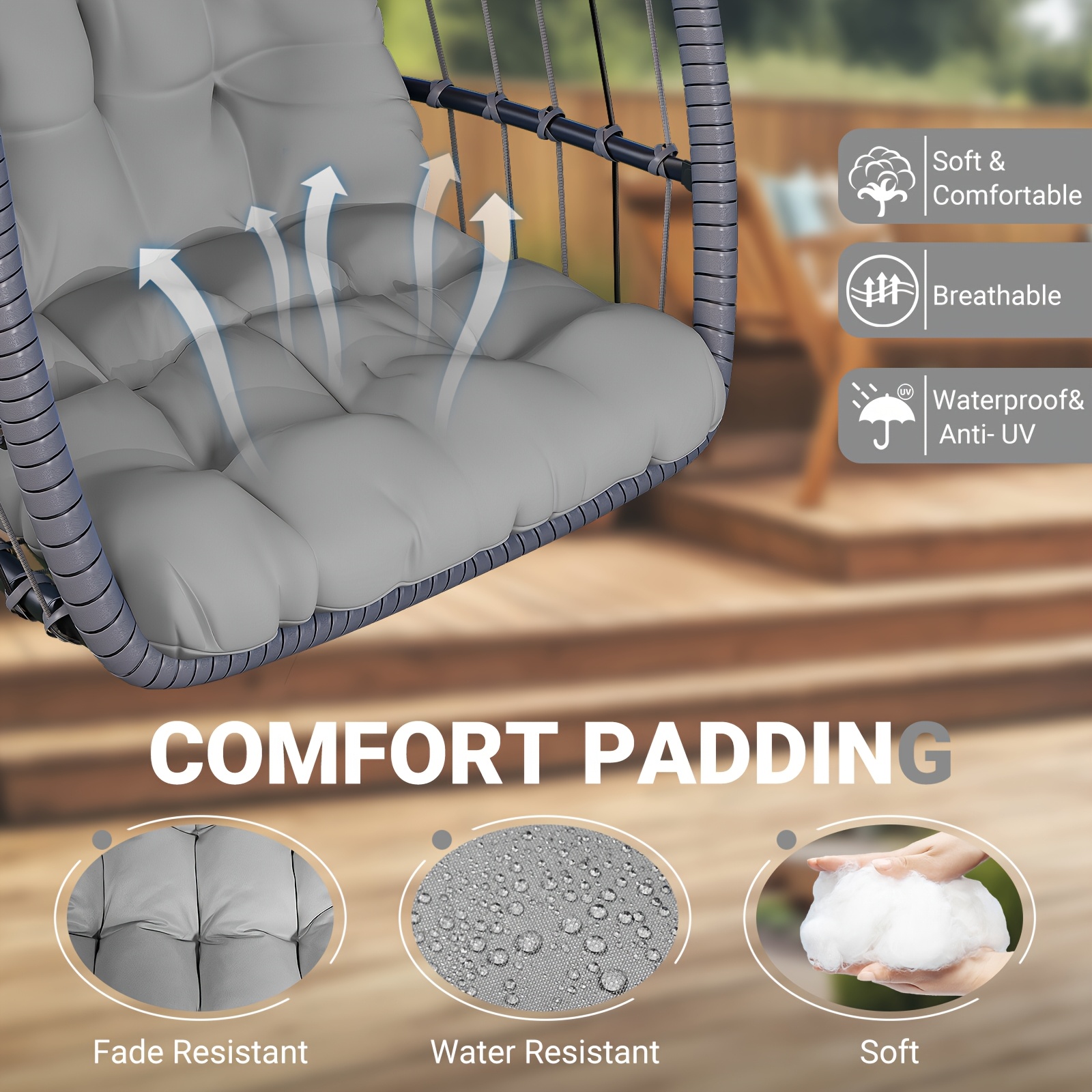   egg chair with stand sturdy rattan wicker hanging swing for patio porch or garden thickened aluminum   uv resistant cushion 350lbs capacity grey easy to assemble comfortable for indoor outdoor use egg chair for outside details 1