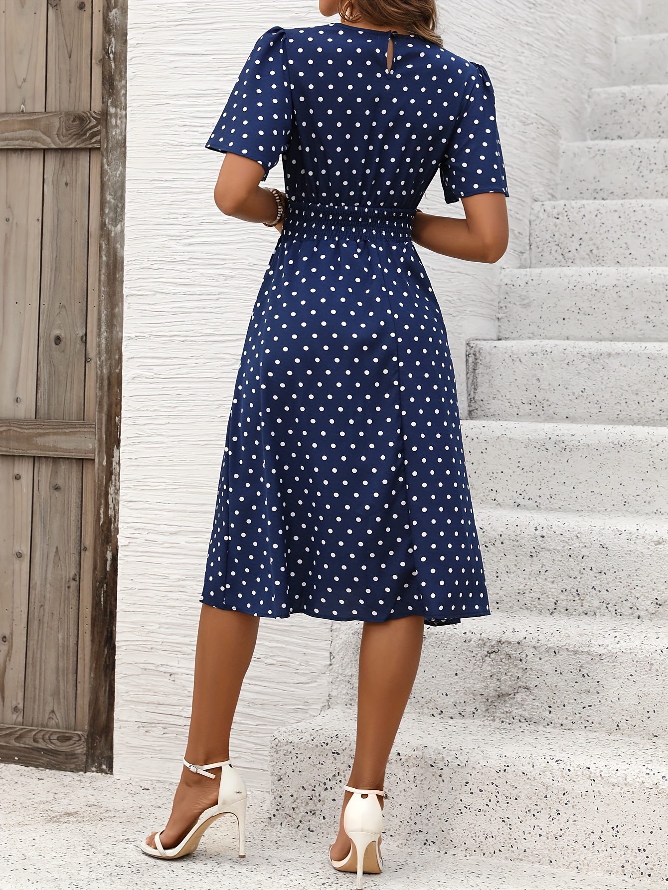 polka dot crew neck dress elegant short sleeve midi dress - Temu