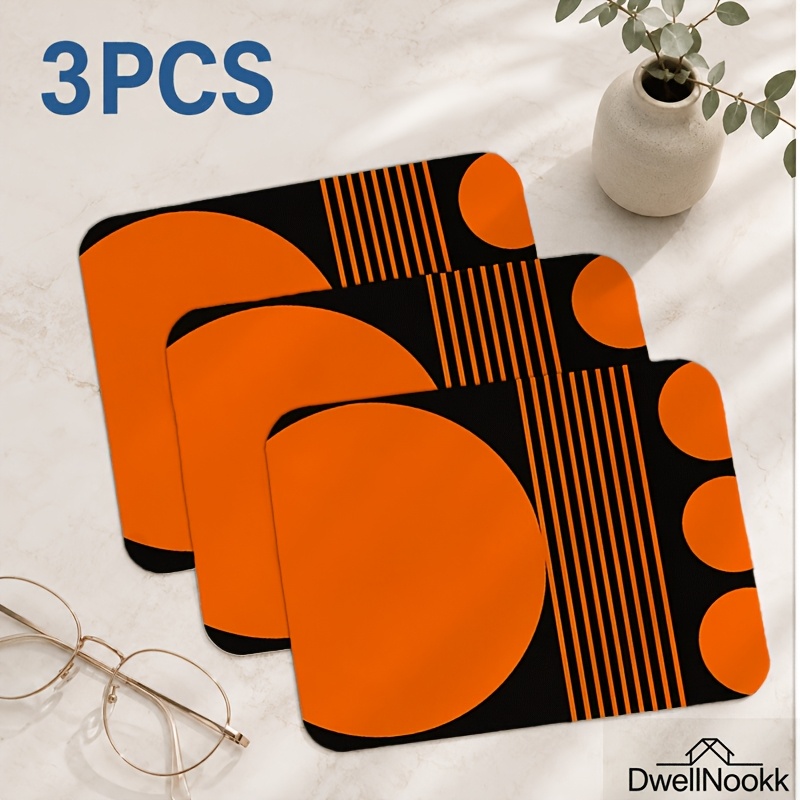 TEMU Lot de 3 chiffons de nettoyage en microfibre imprimés géométriques à de couleurs orange et noir pour lunettes, écran de téléphone et objectif,