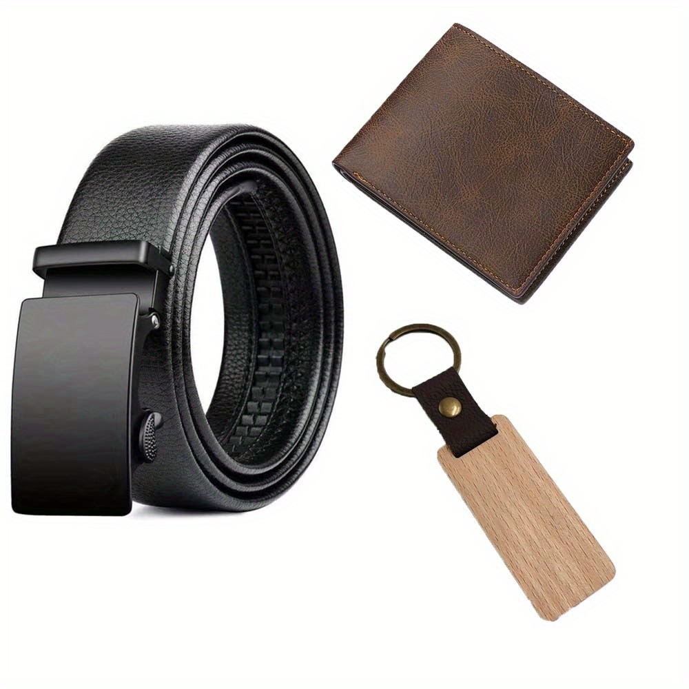 TEMU 3pcs Personalized Faux Leather Belt, Wallet, And Keychain Gift Set With Custom Names Suitable For Father's Day, Weddings, And Birthdays, Perfect