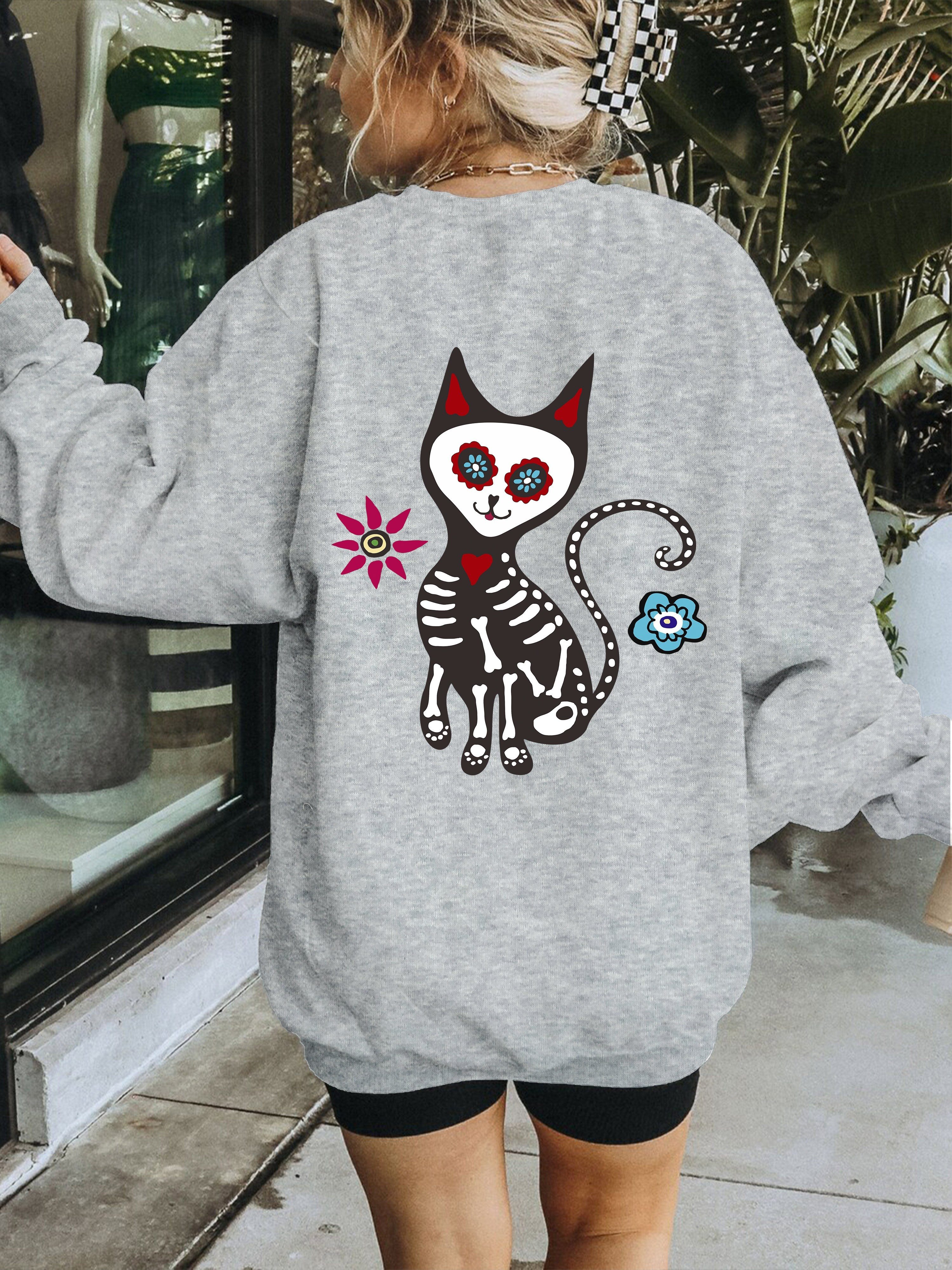 moletom feminino casual com estampa de gato e Temu Portugal