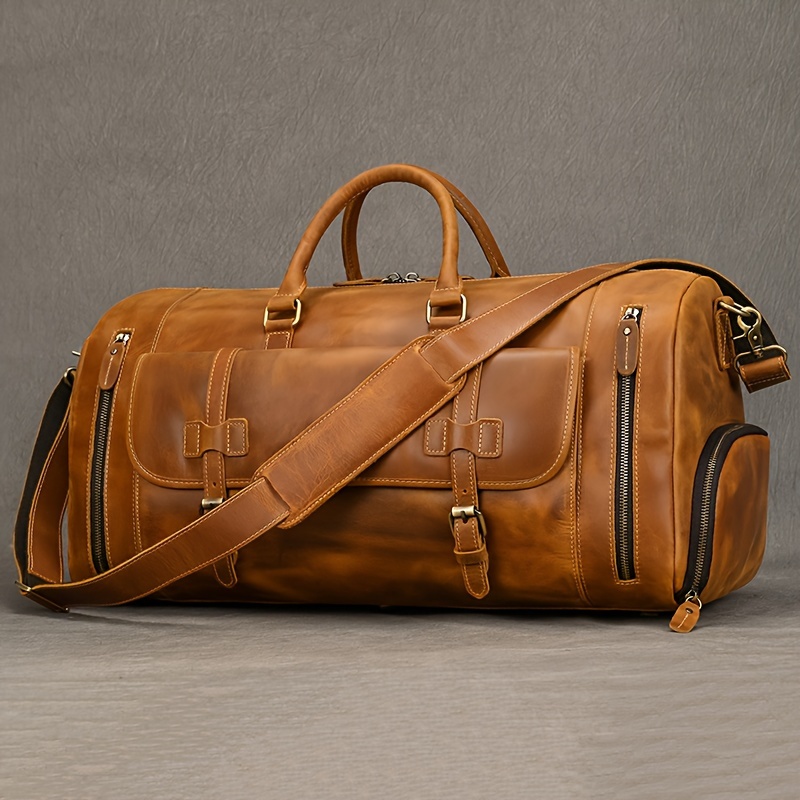 Image of 22.8 Inch Genuine Leather Duffel Bags For Men And Women Real Leather Travel Overnight Weekend Leather Bags Sports Gym Duffel For Men