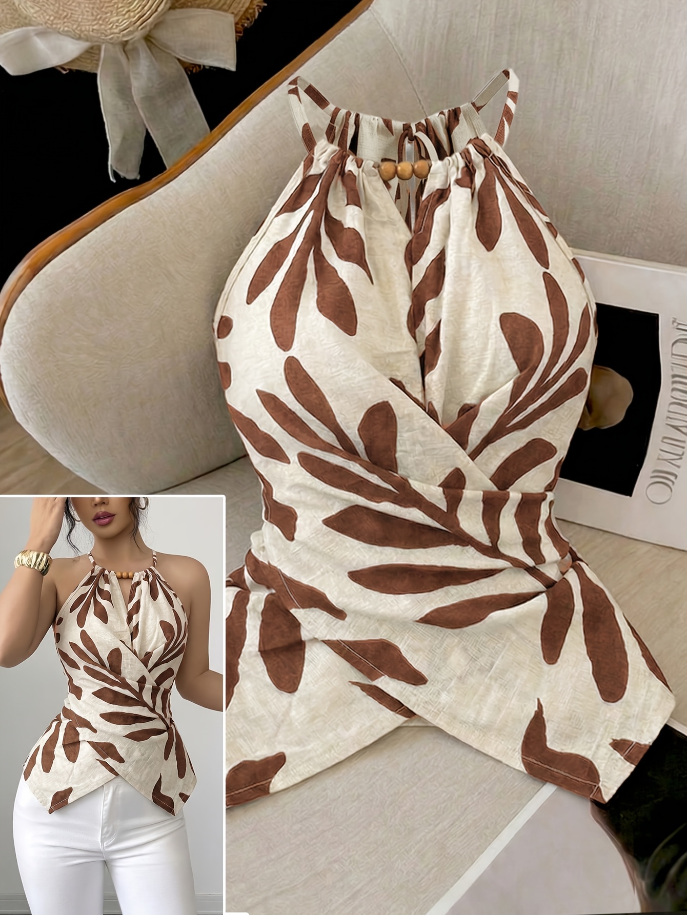 womens casual vest plant print cross back tie off shoulder vest suitable for shopping vacation beach travel casual wear