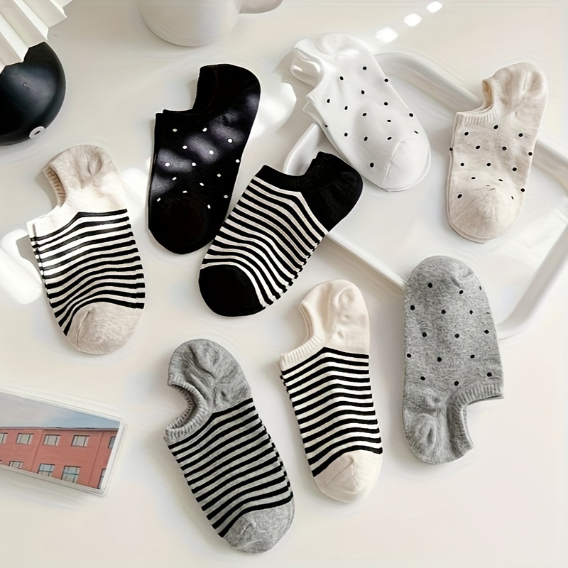 

4/8 Pairs Polka Dot & Striped Socks, Comfy & Breathable No Show Boat Socks, Women's Stockings & Hosiery