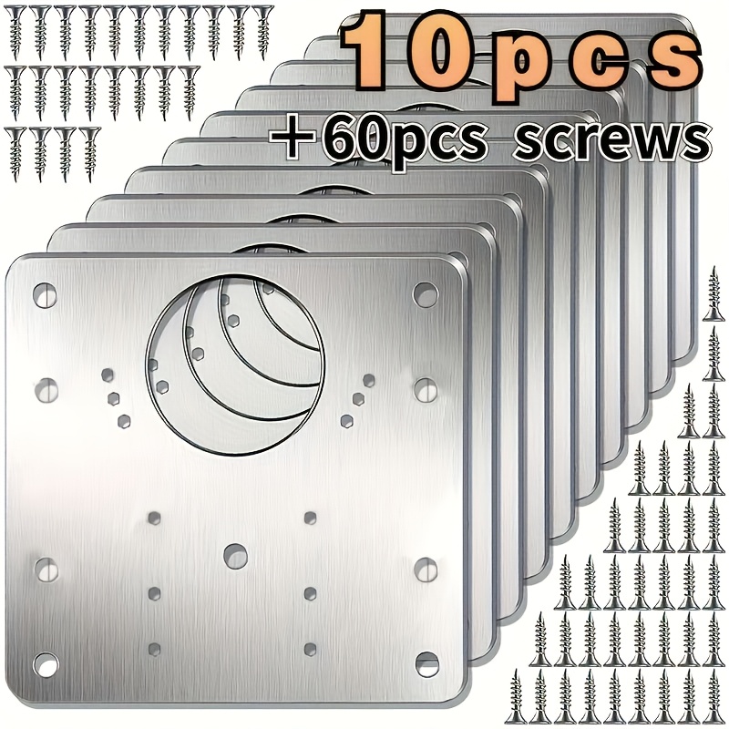 Image of Set Of 10 Repair Plates For Kitchen Cabinet Door Hinges, Featuring Holes For Screws, Made Of Stainless Steel, Designed To Support Types Of Cabinets