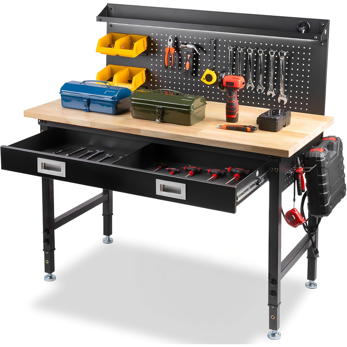 TEMU Muwood 48"× 24" Heavy-duty Adjustable Workbench With Drawers, Power Outlet & Led Strip Lighting -- 2000 Lbs Capacity, Large Pegboard With