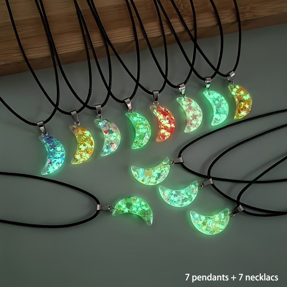 Image of 14pcs Luminous Resin Pendant Necklace Set, Fluorescent Necklace Decoration With Black Adjustable Necklace Chain, Holiday Party Gift School Reward Gift For Necklace Jewelry Making
