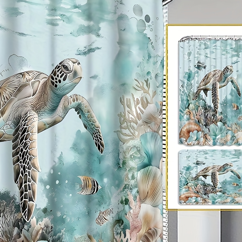 

4pcs Sea Turtle Gift Shower Curtain Decoration, Beautiful Housewarming Gift Decoration, Waterproof Shower Curtain And Toilet Floor Mat Piece Set With 12 Shower Curtain Hooks