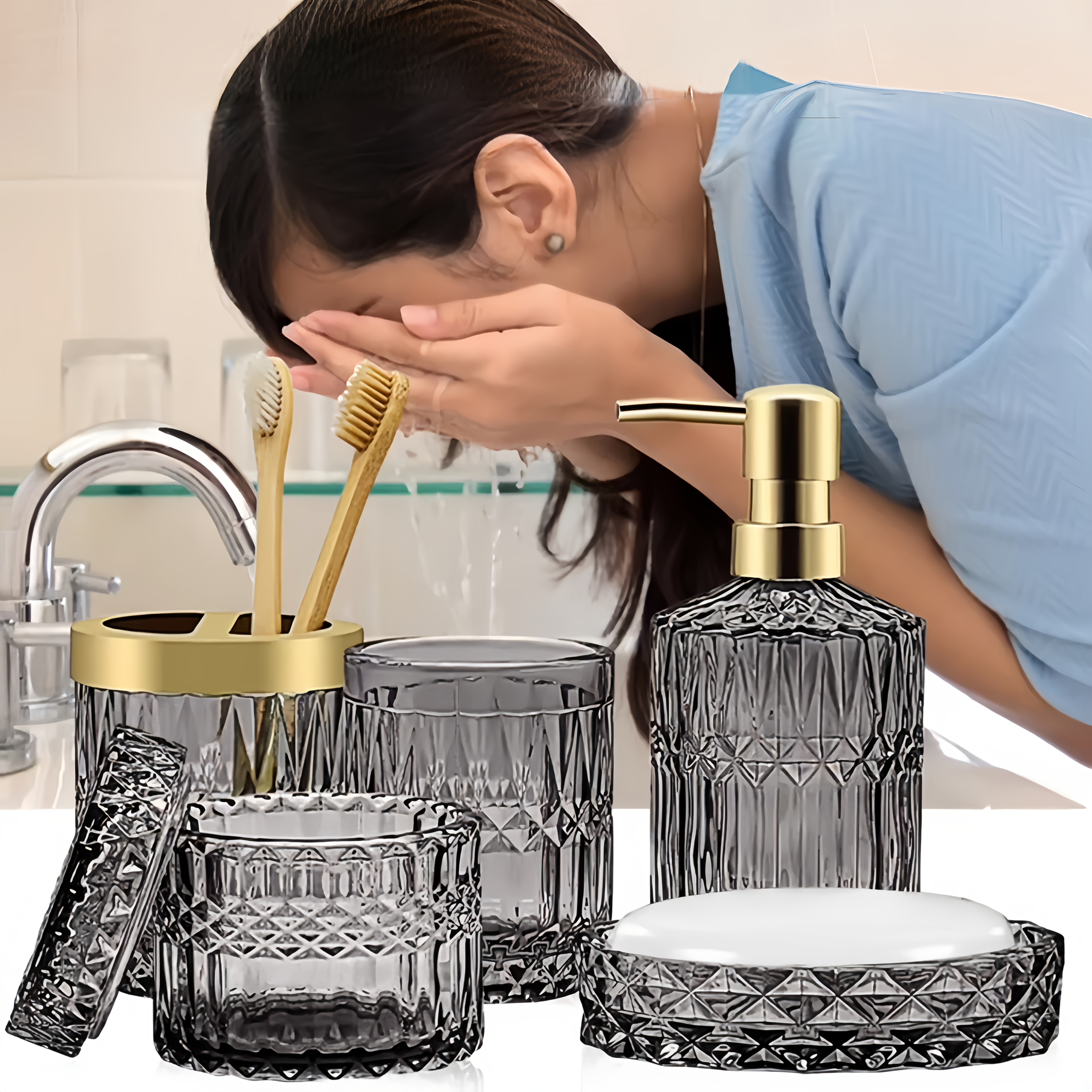 TEMU 5pcs Luxurious Bathroom Set Featuring Crystal Glass Containers, A Soap Dispenser, A Toothbrush Holder, Toothbrushes, And Swabs. Ideal Bathroom