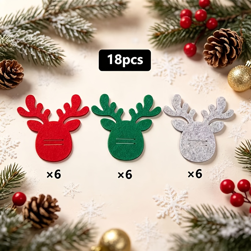 TEMU 18pcs Set, Christmas Reindeer-shaped Knife And Fork Bag Set, Red Green Gray Three-color Felt Material Tableware Storage Bag, Silverware
