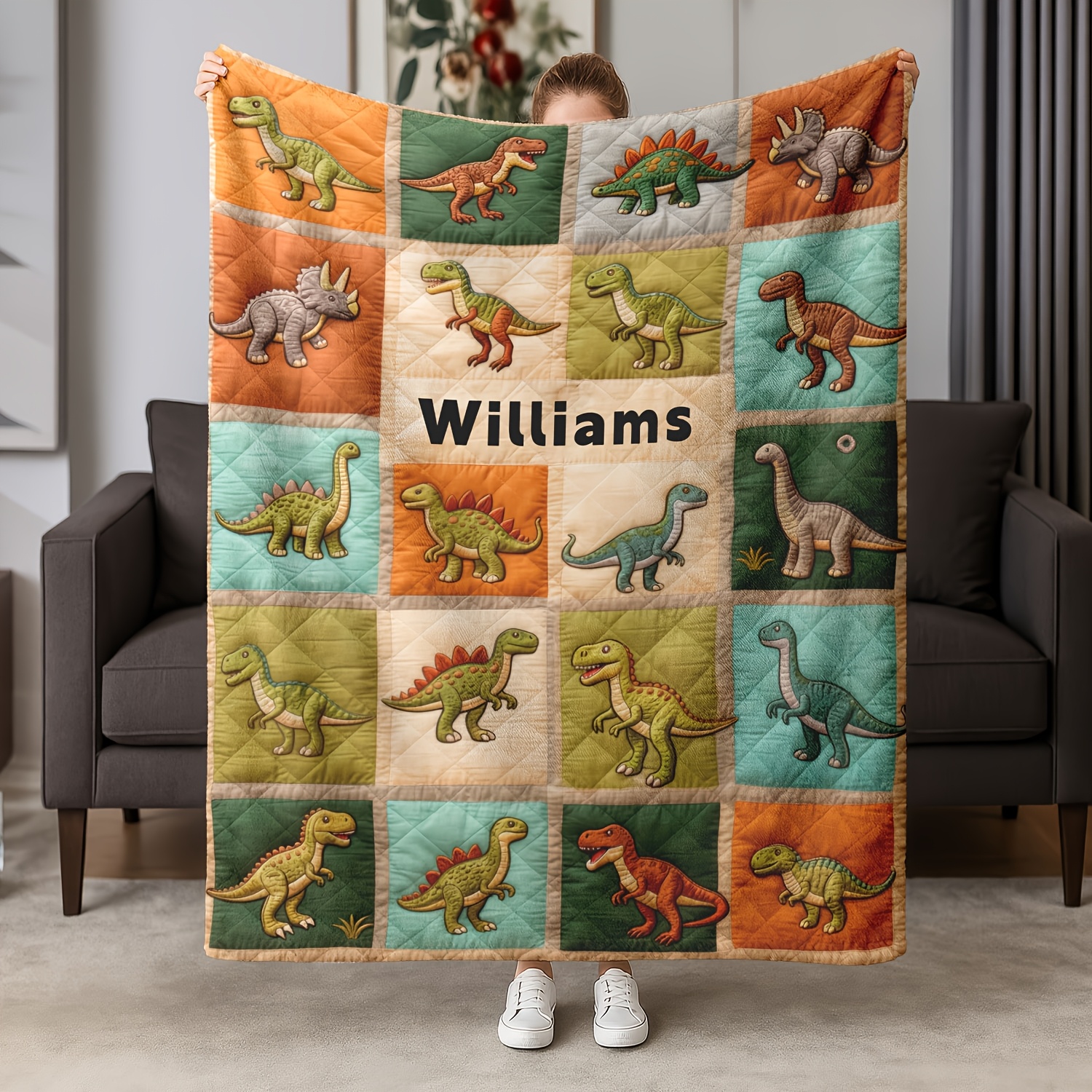 Personalized Custom Name Dinosaur Puzzle Piece Flannel Blanket