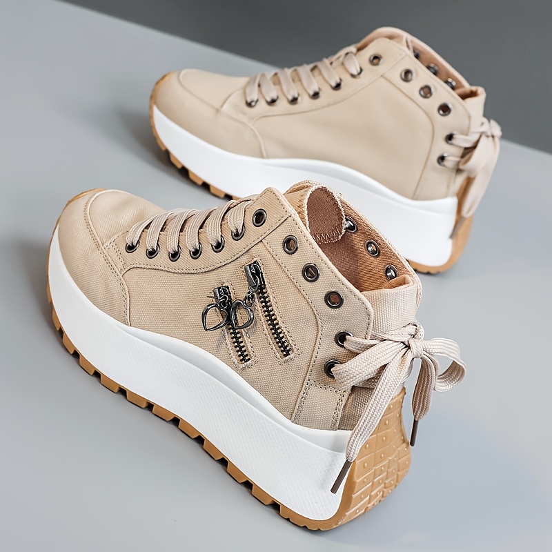 LYKU Women's Height-Increasing Sneakers with Thick Platform Sole - Breathable Low-Top Lace-Up Sneakers Suitable for Sports, Casual Wear & Everyday Use, Cushioned PVC Sole & Round Toe, - White Sneakers, Women Shoes