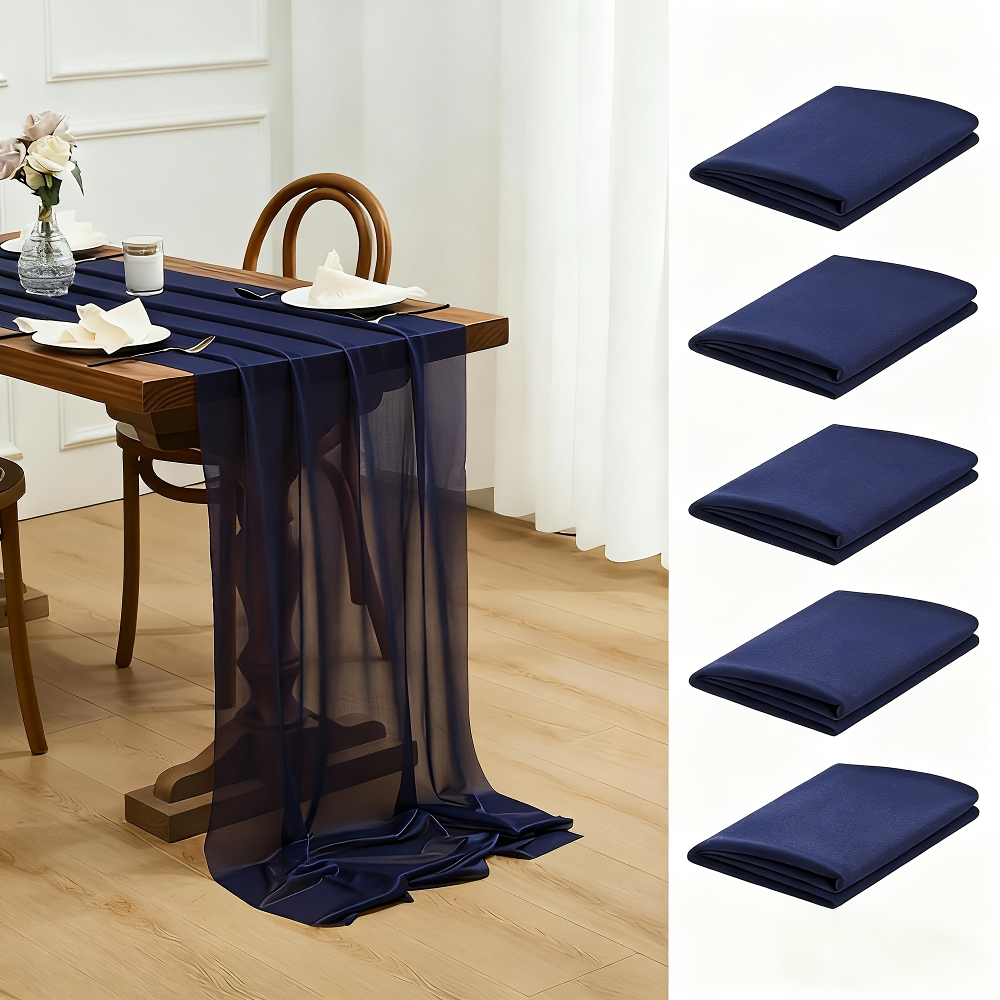 E-shop 5 Stück, Marineblaue Chiffon-Tischläufer, 11,4 x 118 Zoll, helle, transparente Tischdecken für Hochzeiten, geeignet für Brautpartys,