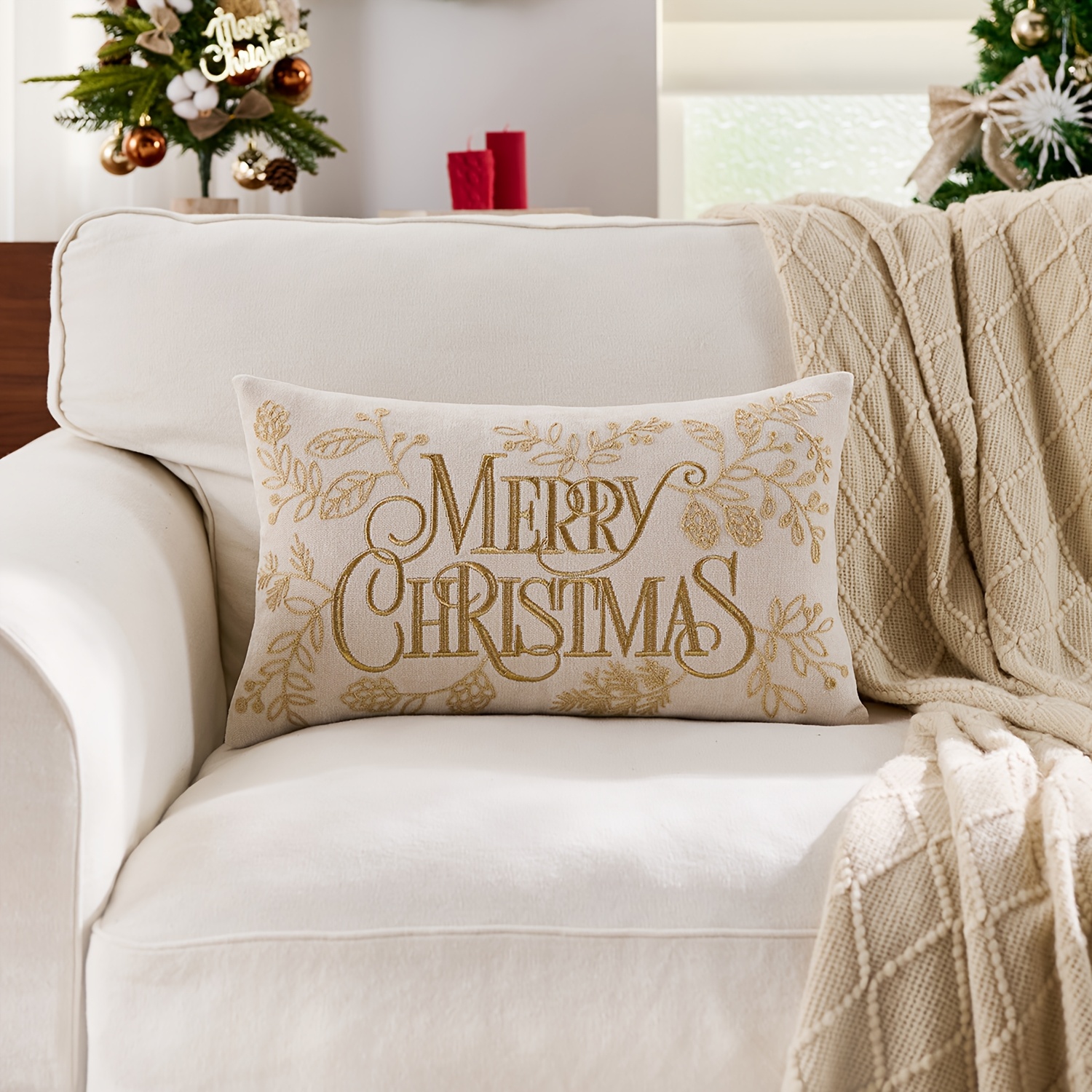 Image of 1pc, Chenille Christmas Pillowcase, Merry Christmas Throw Pillow Covers, Single Side Embroidery, Suitable For Sofa, Living Room, Bedroom Home Decoration, No Pillow Core