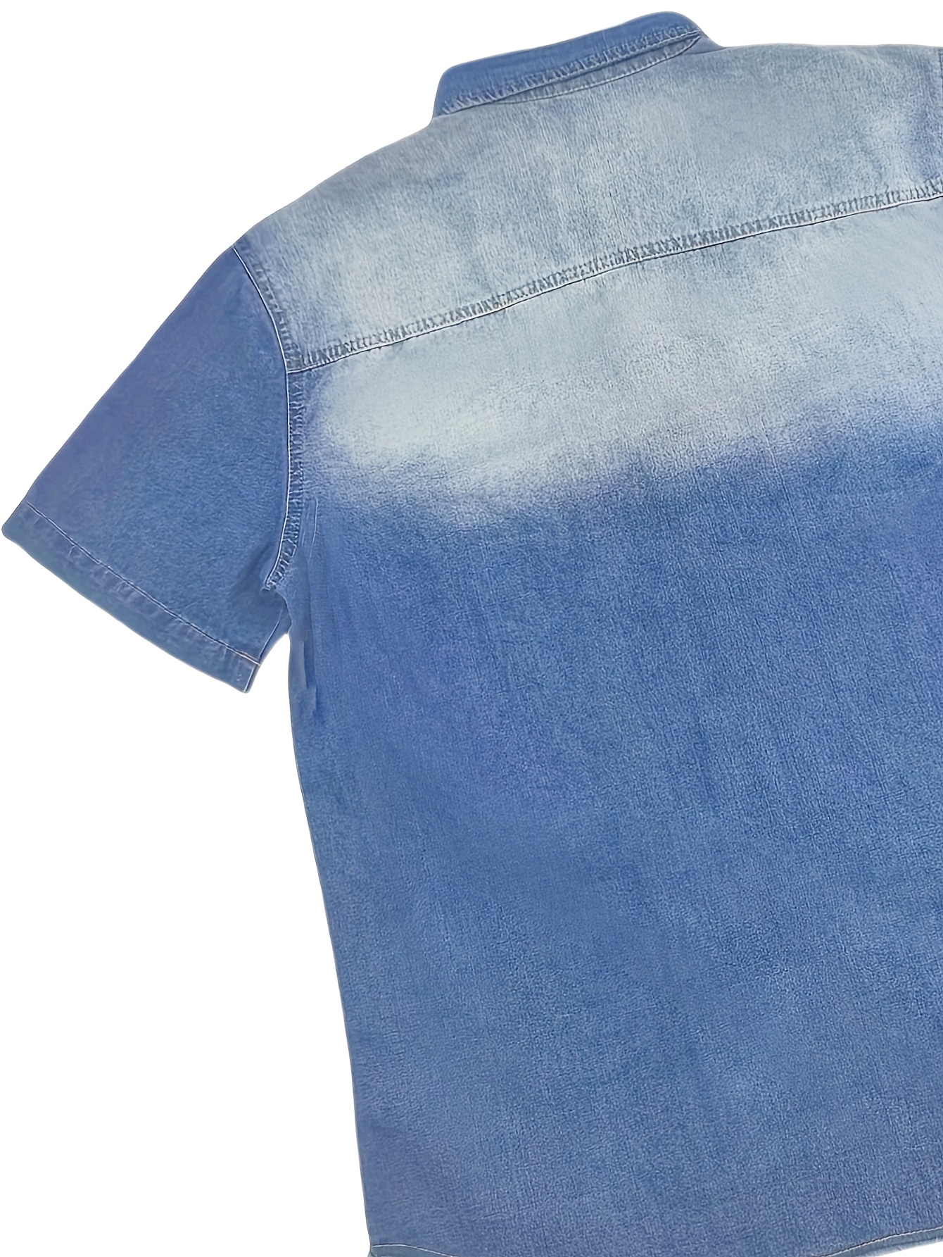 Men'S Distressed Denim Short Sleeve Button-Up Shirt with Frayed Hem & Pockets - Casual Summer Style, Light Blue, Non-Stretch Fabric, Perfect for Casual Attire, Casual Summer Wear | Distressed Denim Shirt | Frayed Hem Shirt