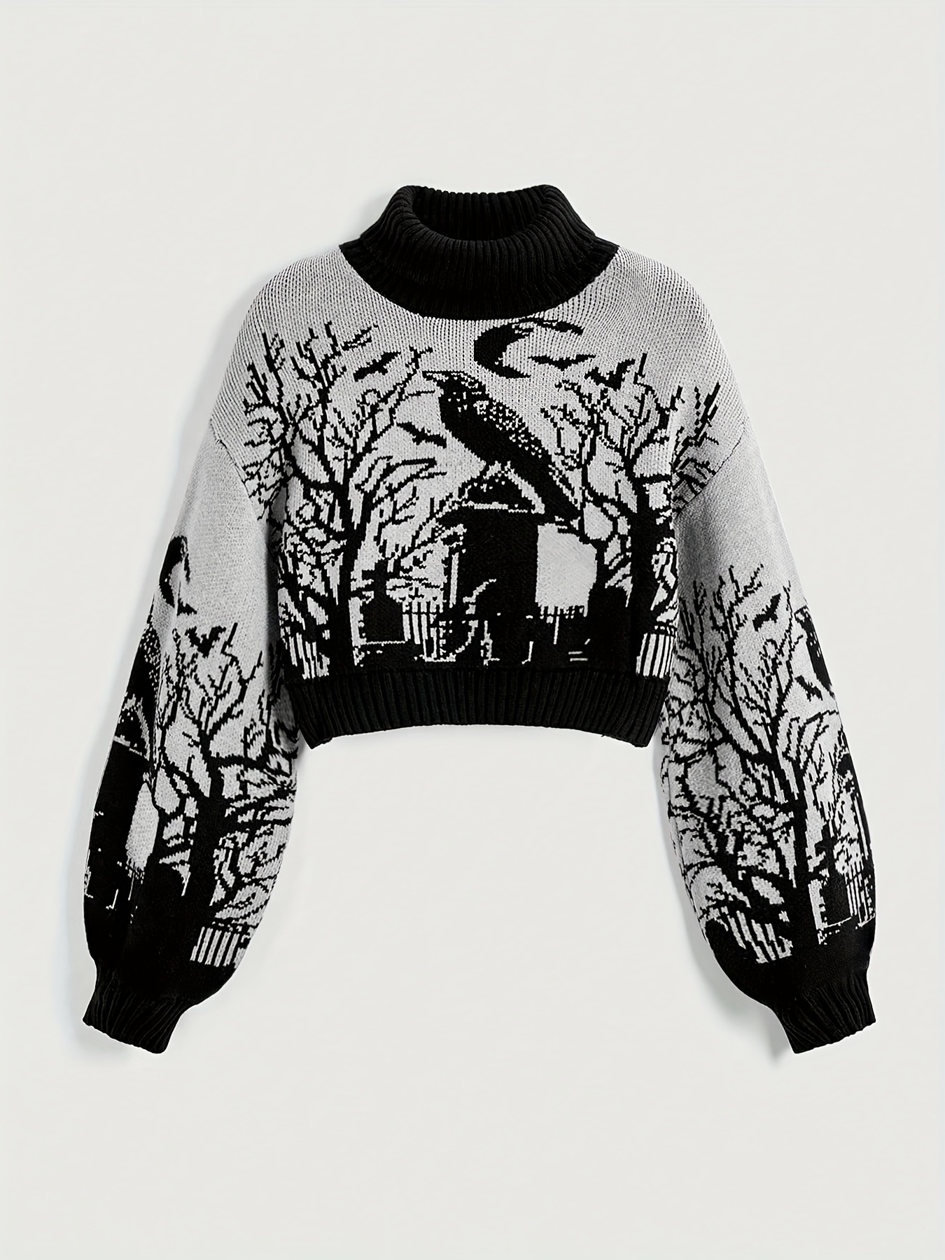 gothic dark   block pullover sweater with moon crow bat tree jacquard pattern loose fit warm knitwear for women fall   ribbed cuffs ribbed details mixed color 0