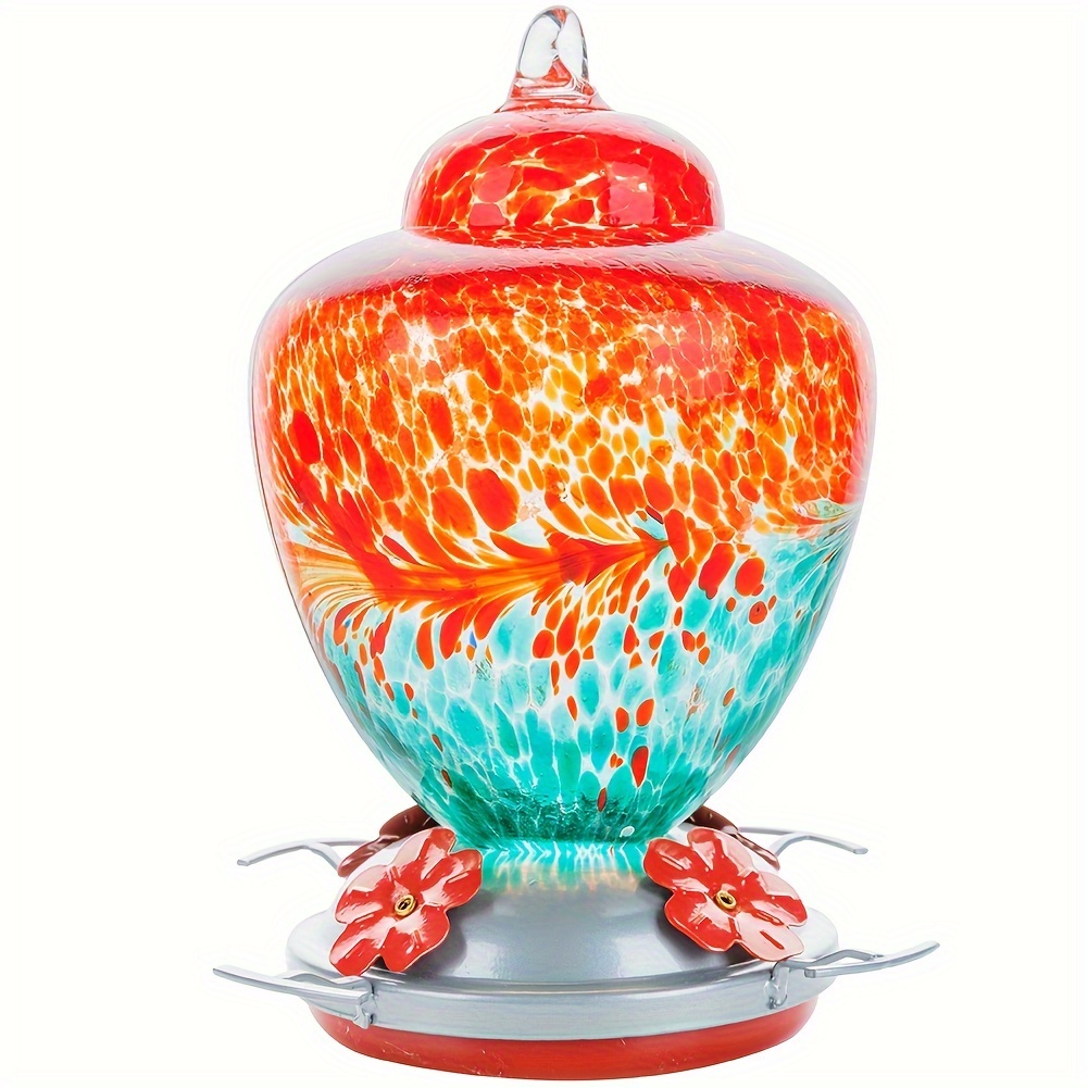 

1pc Hummingbird Feeder For Outdoors Patio, Large 32 Ounces Colorful Hand Blown Glass Hummingbird Feeder With Ant Moat Hanging Hook, Rope, Brush, Bird Feeder For Outdoors Hanging