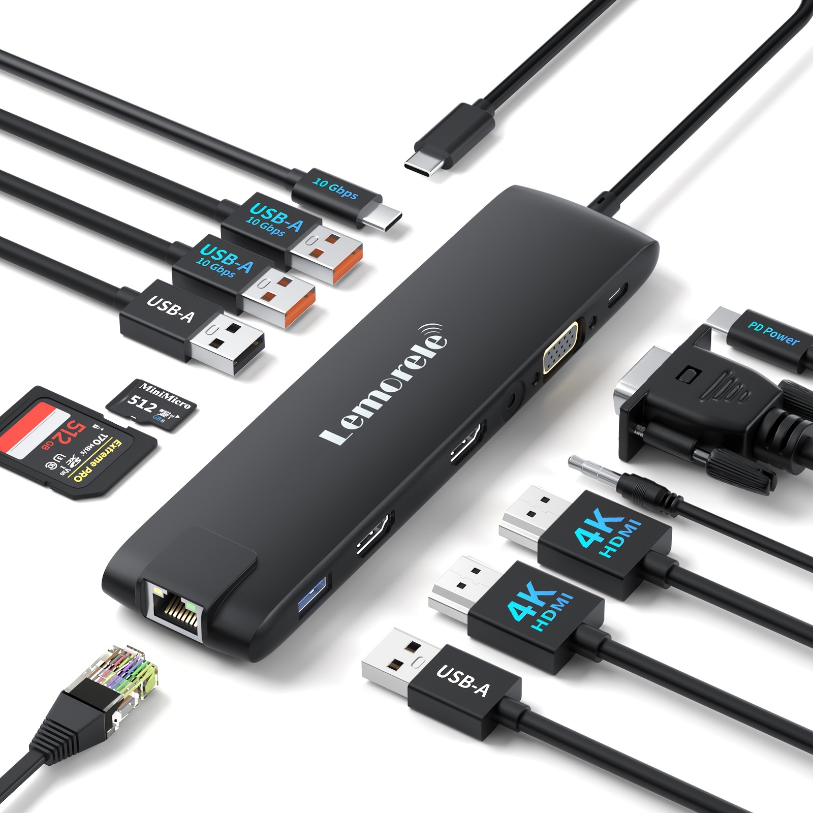 TEMU Lemorele 13-in-1 Usb-c Docking Station With Triple Display (hdtv/vga) & Pd - Usb- With Ethernet, Sd/tf Card Reader, Usb-a/c Ports Compatible For