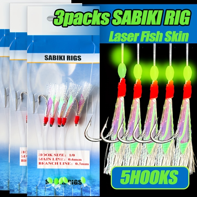 TEMU TAKBAS 1/3/5 Pack Sabiki Rigs - Laser Fish Skin Mackerel Fishing Rigs avec des perles lumineuses, une appât volant, idéal pour le , le plie, le
