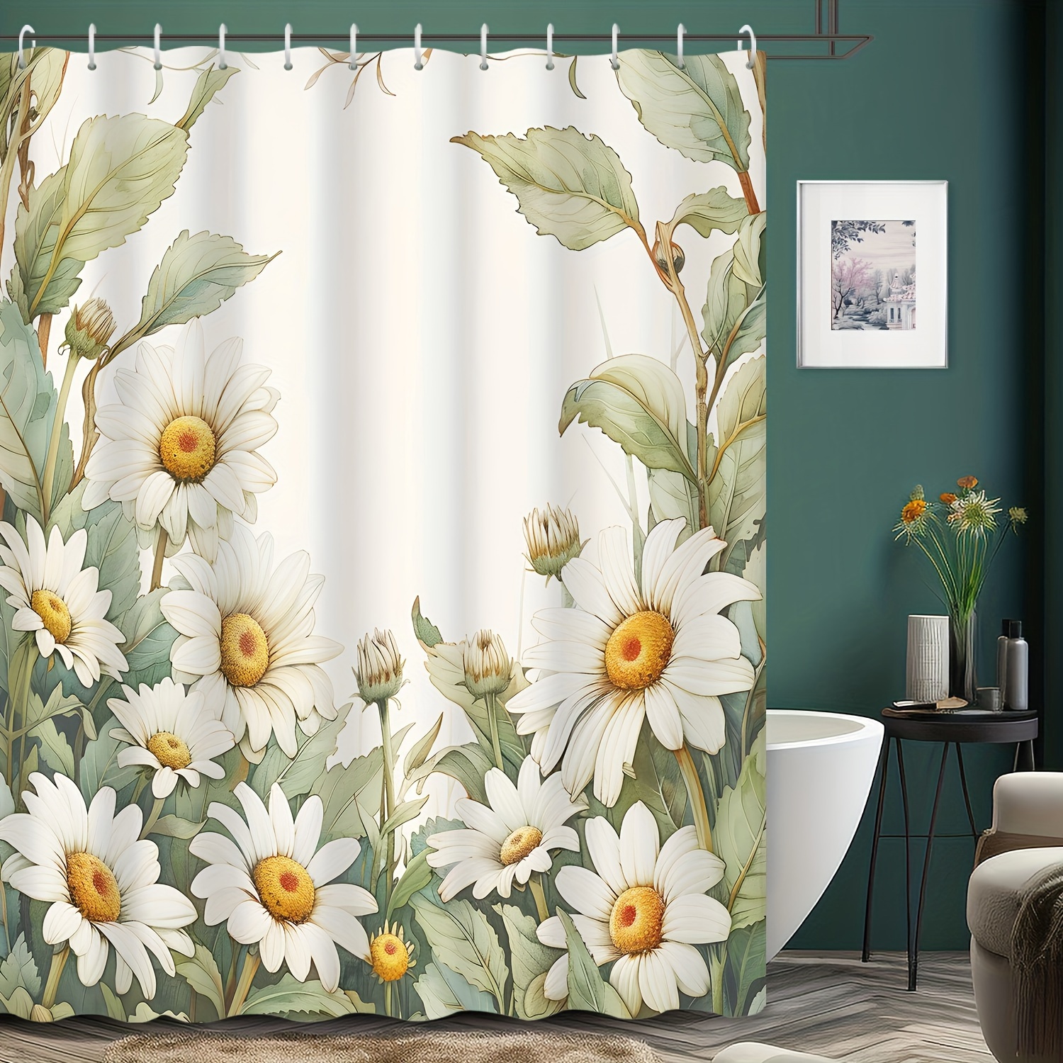 

Water-resistant Polyester Shower Curtain With Daisy Flower And Green Leaf Print – Machine Washable, Includes Hooks, Grommet Top, Woven Fabric, Plant And Floral Theme For Bathroom Decor, 72x72 Inches
