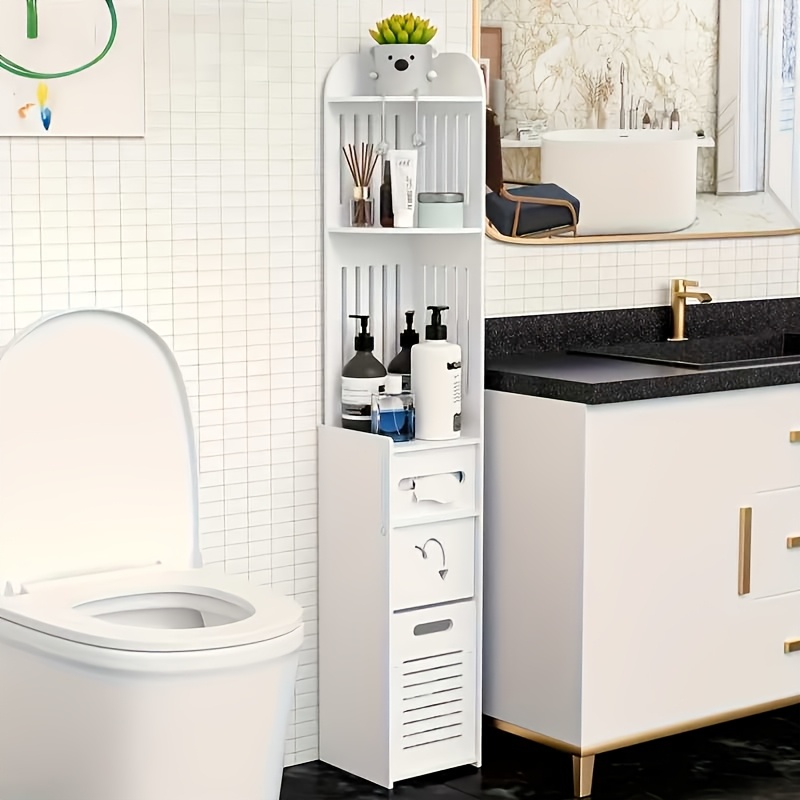 TEMU 3-in-1 Space- Toilet Side Storage Shelf With Built-in Trash Bin & Toilet Paper Holder - Pvc/pvc Suitable For Narrow Bathroom Shelves, No