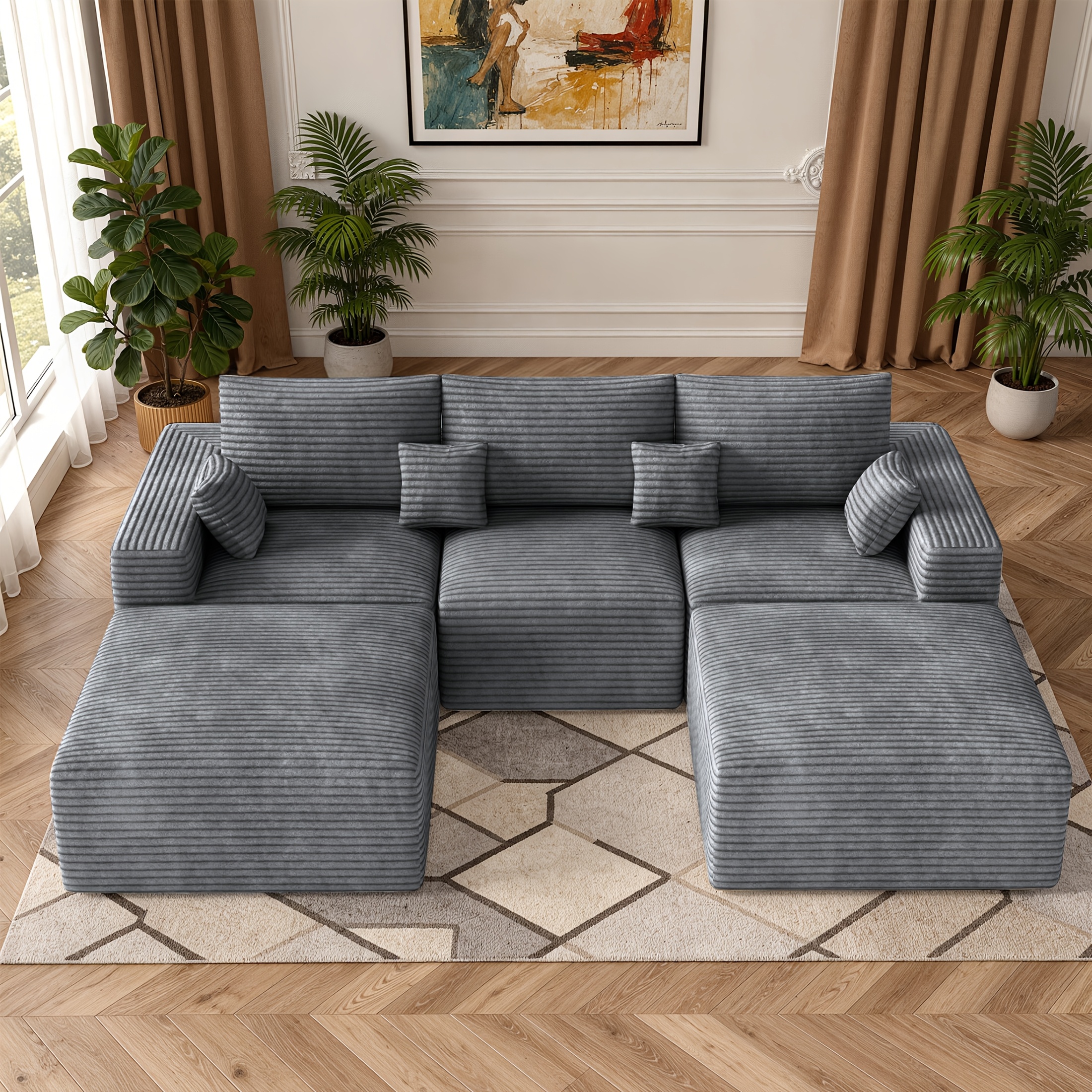 Image of Nalupatio 113" Modern Modular U-shaped Sectional Sofa With Foam Cushioning & Neutral Striped Suitable For Home/apartment, Scandinavian Sectional Couch With Assembly, Suitable For Or