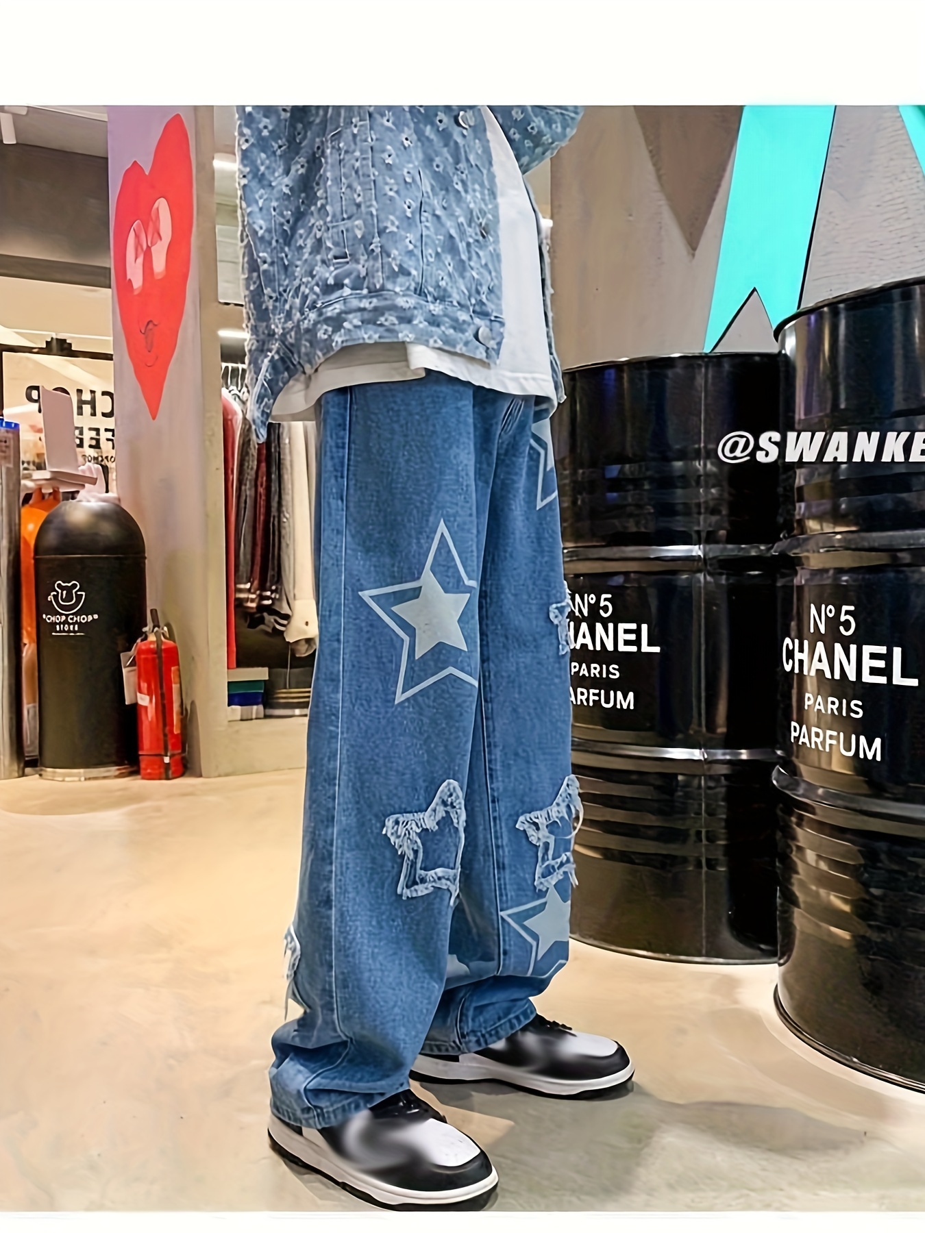 Star Pattern Baggy Jeans Mens Casual Street Style Mopping Pants