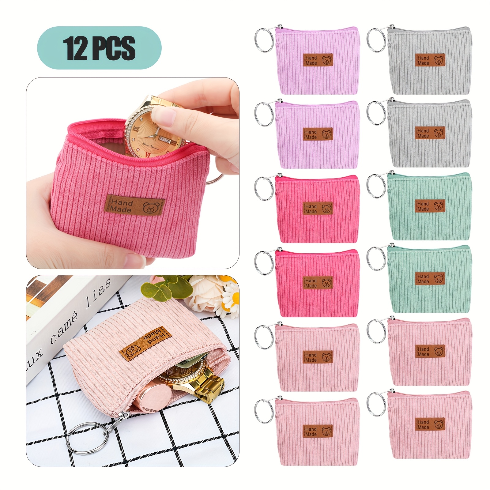 TEMU 12pcs Women Corduroy Coin Purses With Keychains, Soft Striped Wallets, Durable Zipper Closure, Perfect For Christmas, Valentine's, Easter Gifts