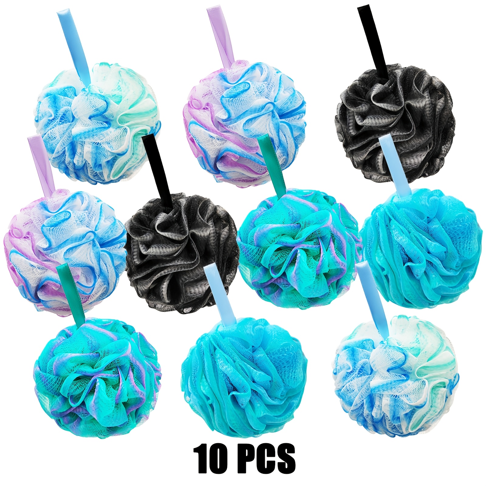 TEMU Lot de 10 Luffas de Douche Colorées - Boules d'Eponge en Douce avec Poignées à Ruban, Gommages Exfoliants pour Hommes et Femmes, Accessoires de