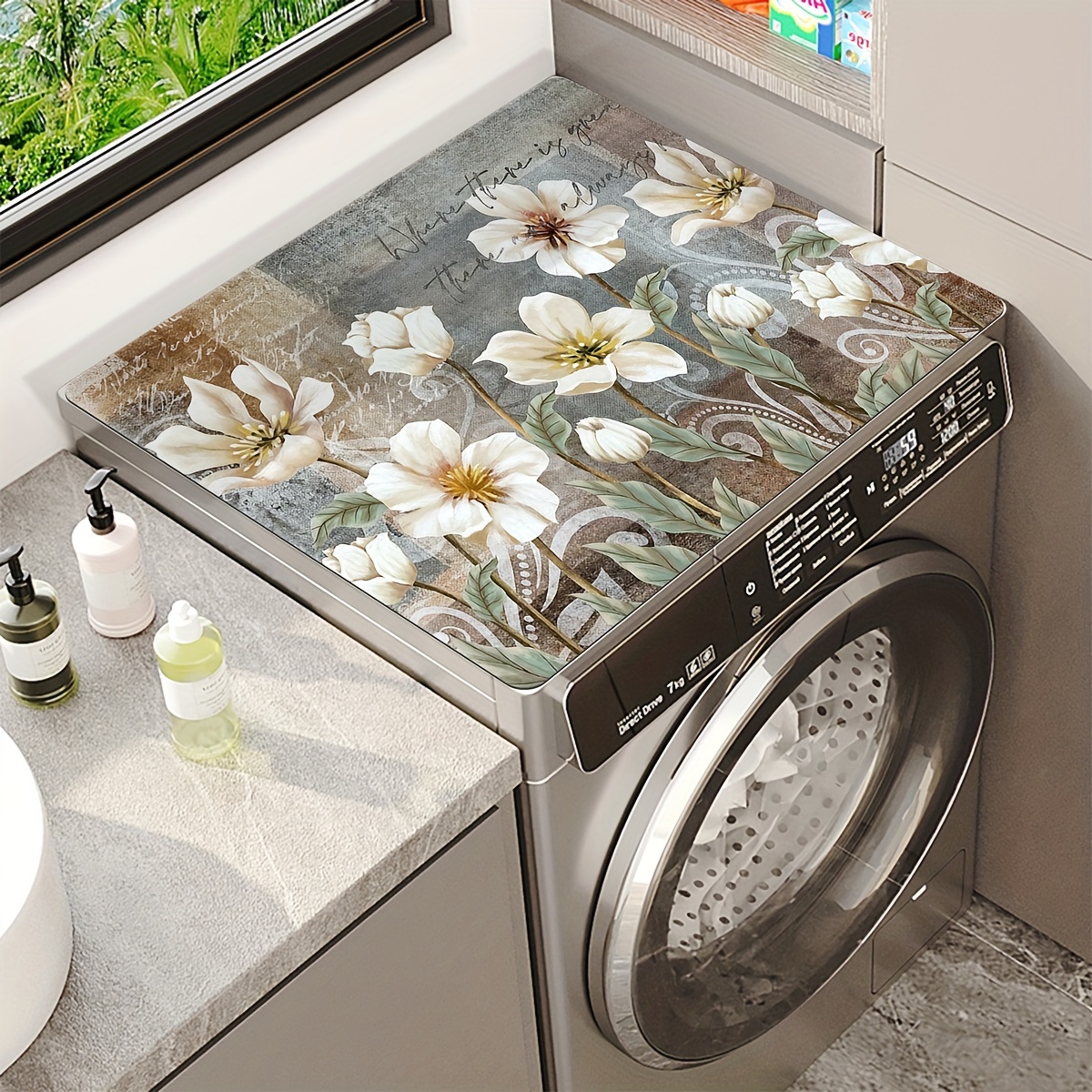 white floral print washing machine dust cover mat quick dry absorbent countertop pad for laundry and kitchen microwave and refrigerator dust cover 19 7x23 6 inches details 6