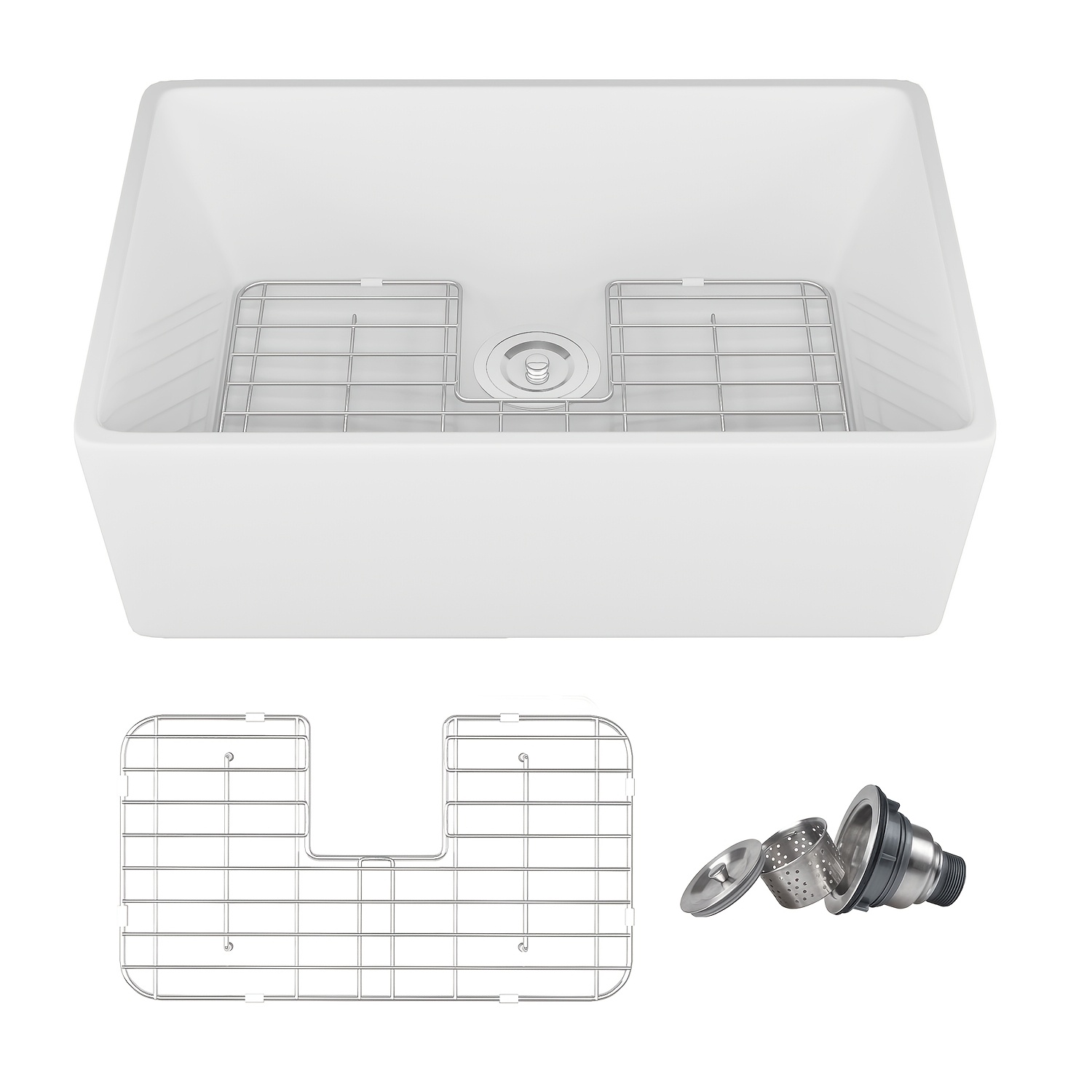 Image of Deervalley Kitchen Sink, Farmhouse Sink, White Ceramic Apron Front Sink, Large Deep Single Bowl Kitchen Basin, Modern Country Sink, Easy Clean Sink With Drain Strainer & Basket, 60.5 X 40.8cm