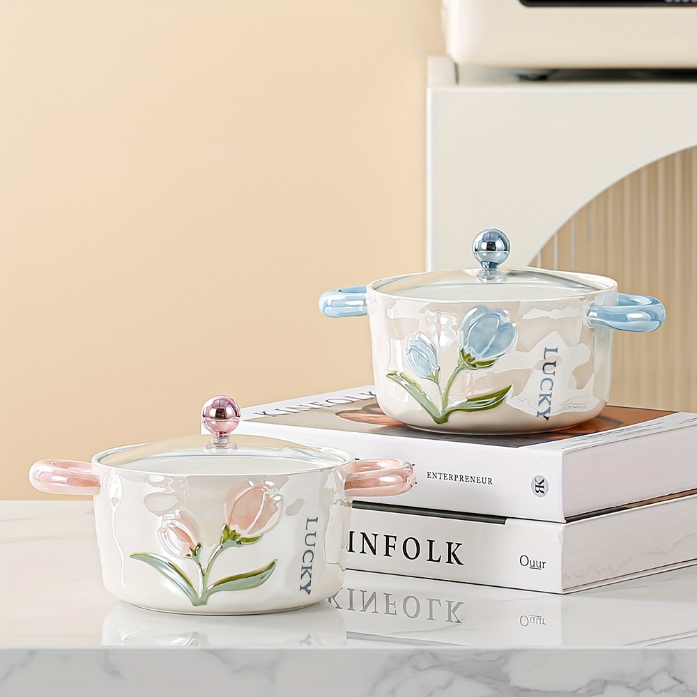 1Pc Ceramic Bowl With Lid Pearl Glazed Tulip Double Ear   Creative And Cute Soup Bowl Rice Bowl Instant Noodle Bowl Fruit Bowl Used For   And Restaurant   Kitchen Supplies Tableware Accessories Product Details 0