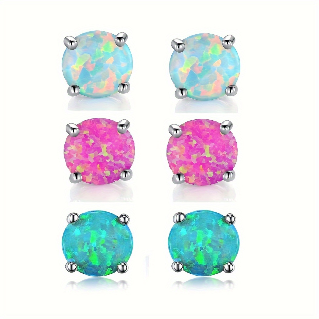 

3 Pairs/ Set Colorful Opal Decor Stud Earrings Elegant Boho Style Silver Plated Jewelry Daily Casual