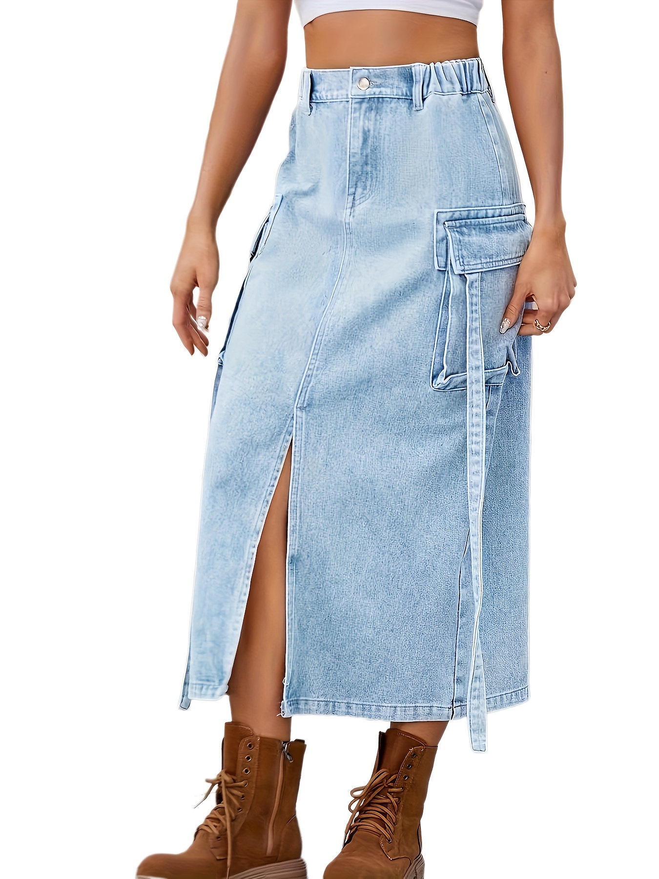 women's casual denim cargo midi skirt side pockets elstic