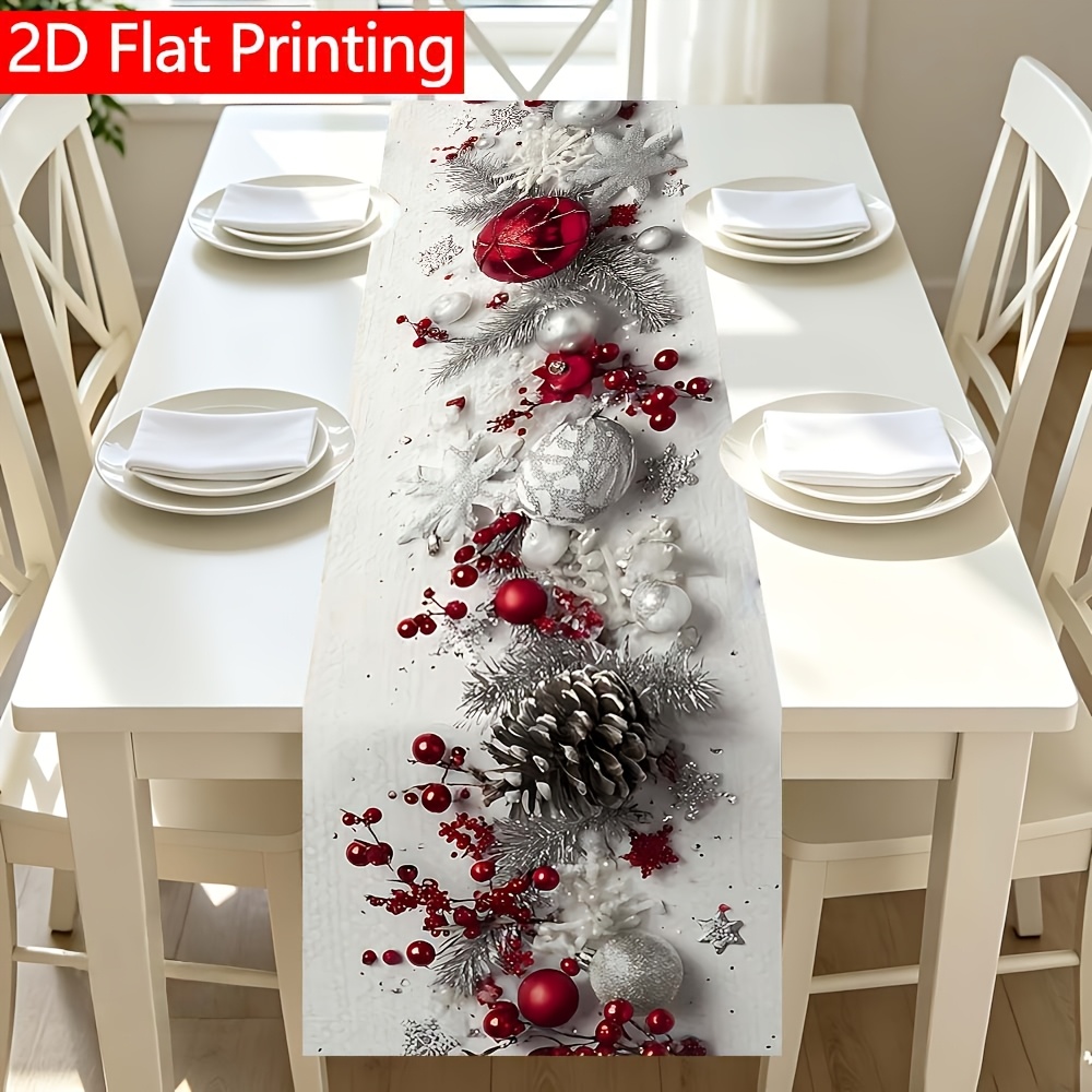 TEMU 1pc 2d Flat Light Christmas Rectangular Printed Table Runner, White Background With Vertical Fir Branches And Leaves, Red And White Christmas